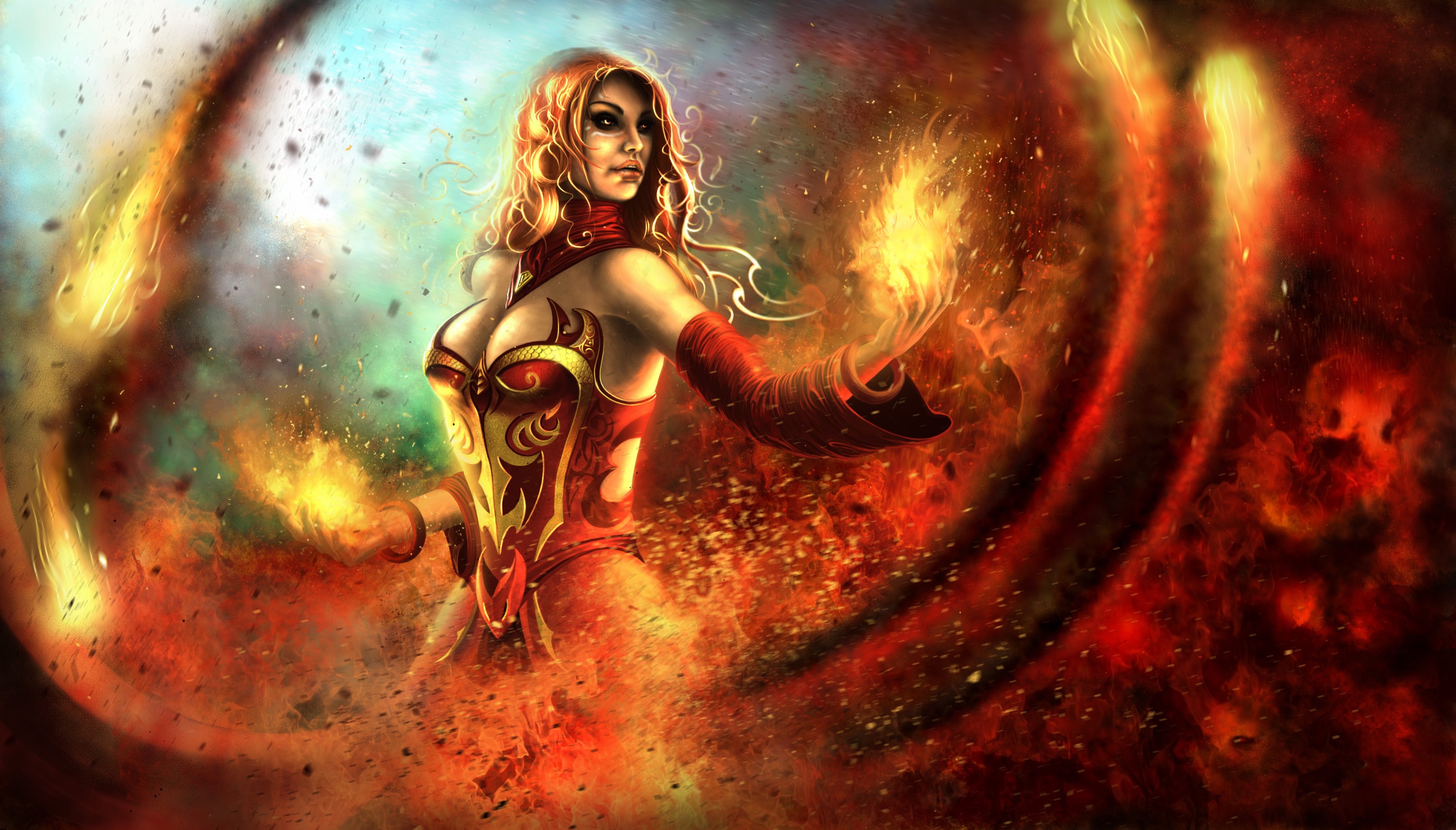 Lina from DOTA 2 casting fire spells HD Wallpaper