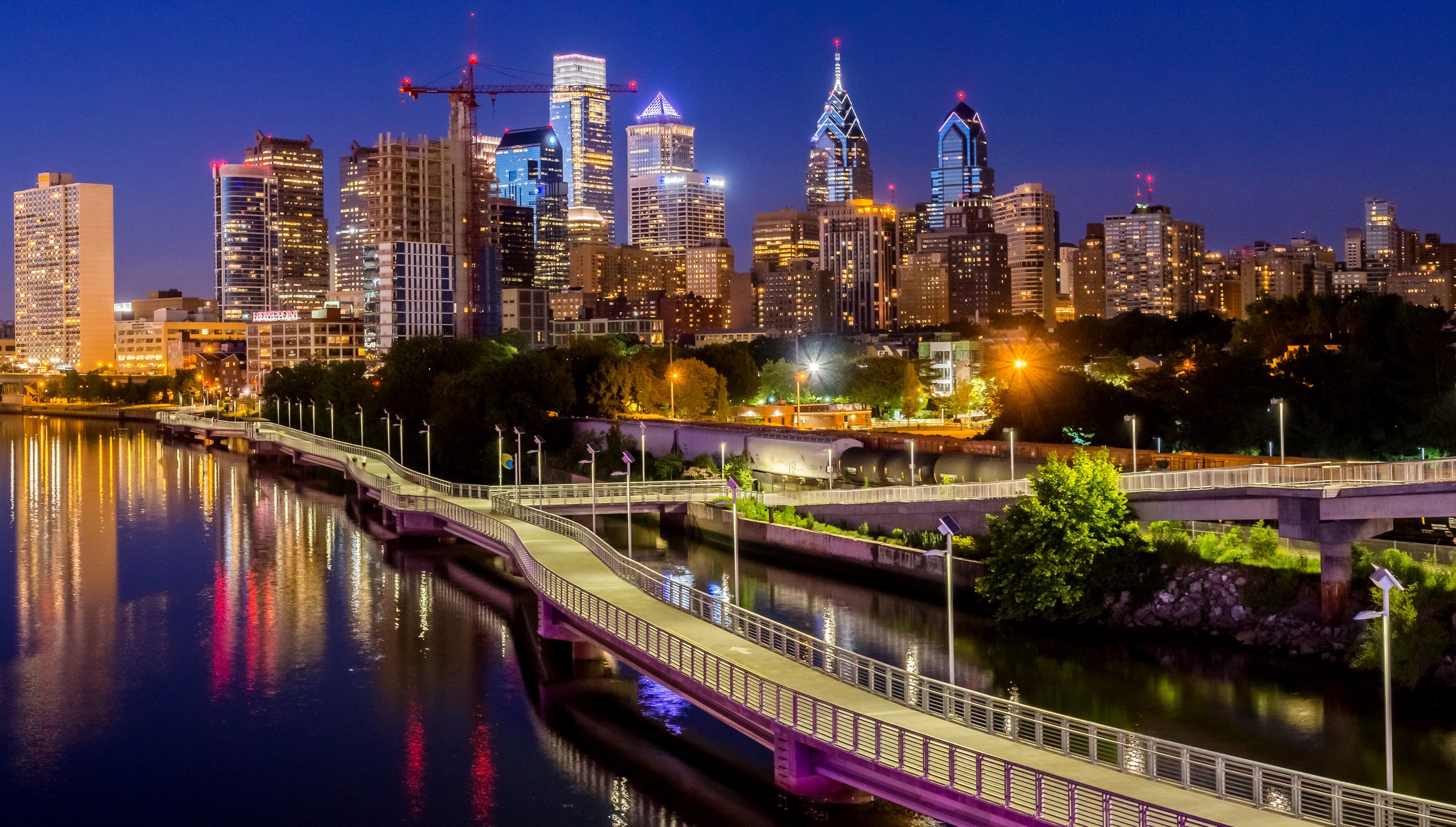 Philadelphia Skyline and Waterfront at Night HD Wallpaper