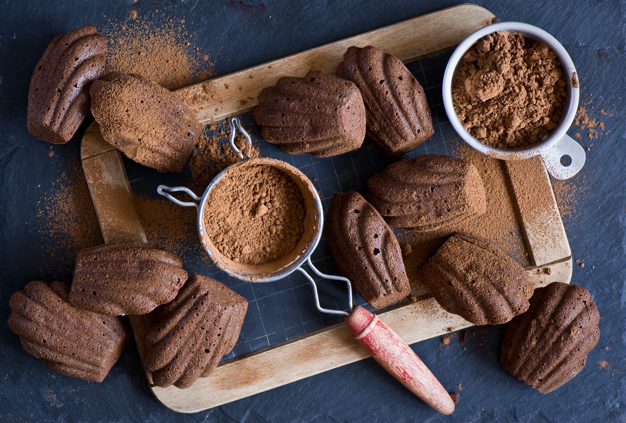 Chocolate madeleines dusted with cocoa powder HD Wallpaper