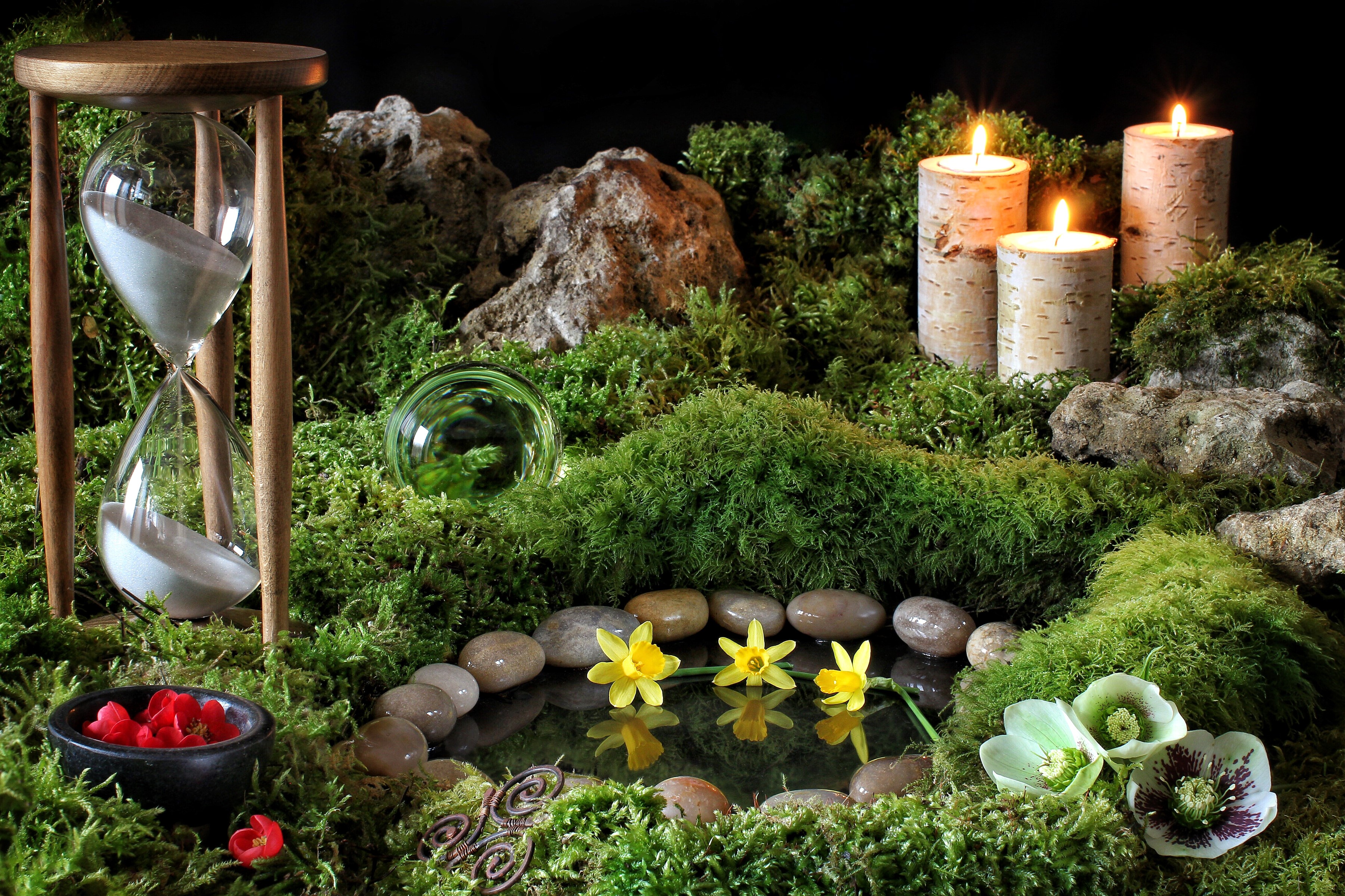 Hourglass, Candles, Daffodils, and Hellebores in Mossy Setting HD Wallpaper
