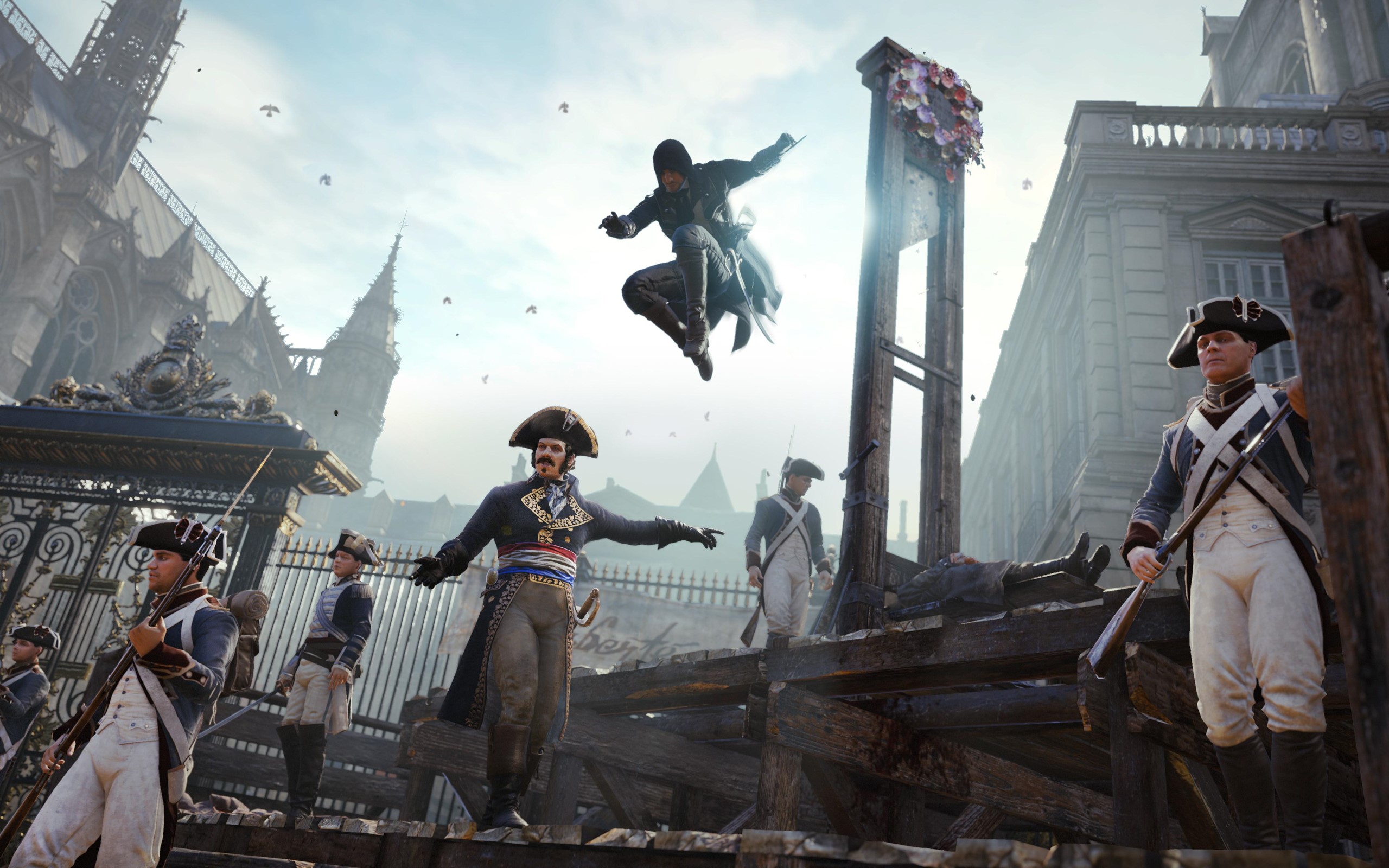 Assassin's Creed Unity: Arno Dorian jumps near a guillotine HD Wallpaper