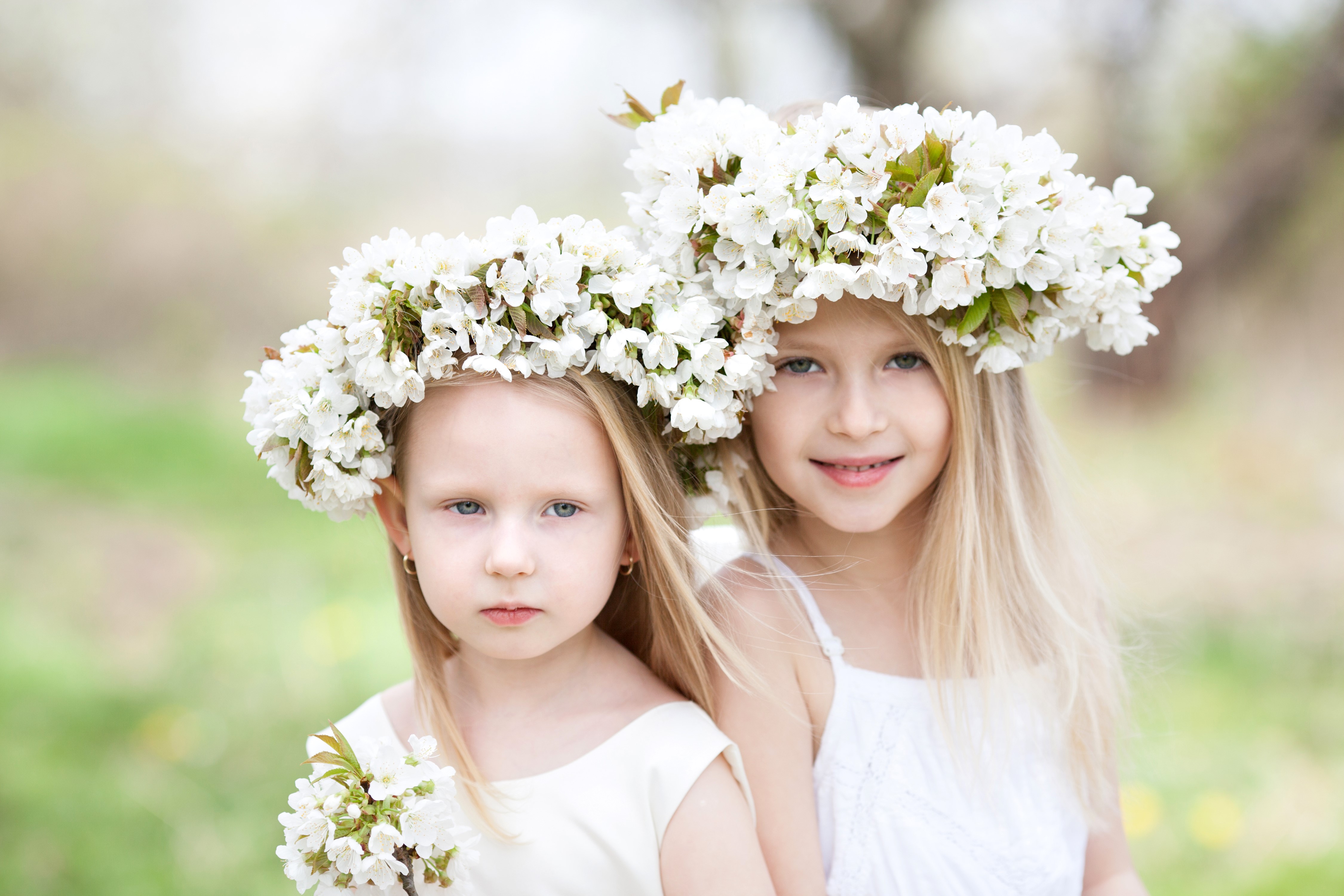 Two Blonde Girls with Flower Wreaths in Spring HD Wallpaper