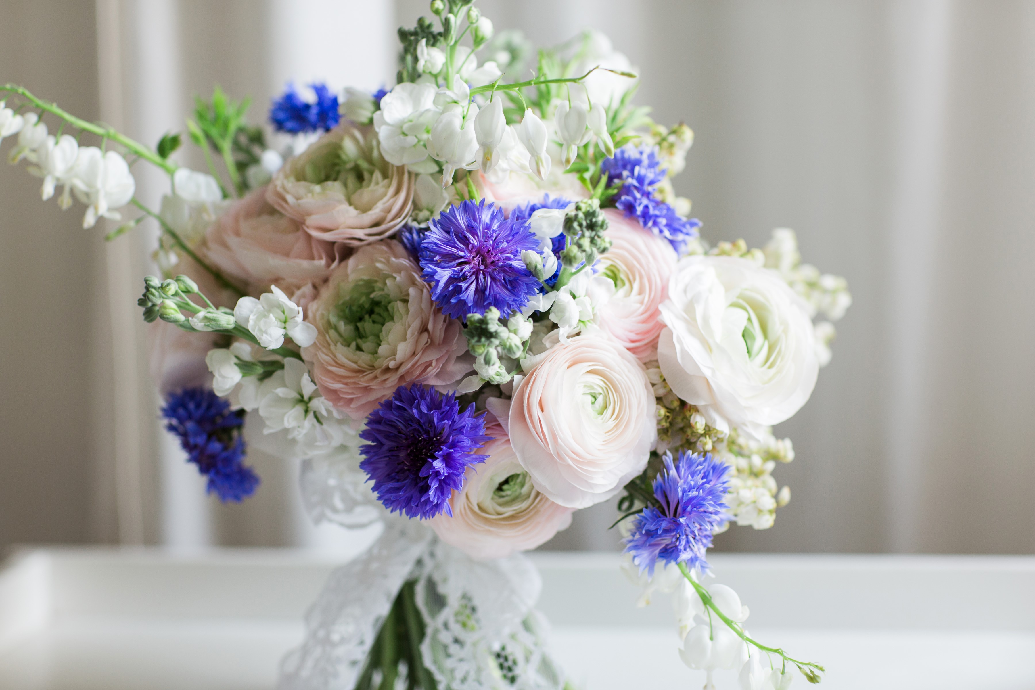 Bouquet of Ranunculus, Cornflowers, and Dicentra HD Wallpaper