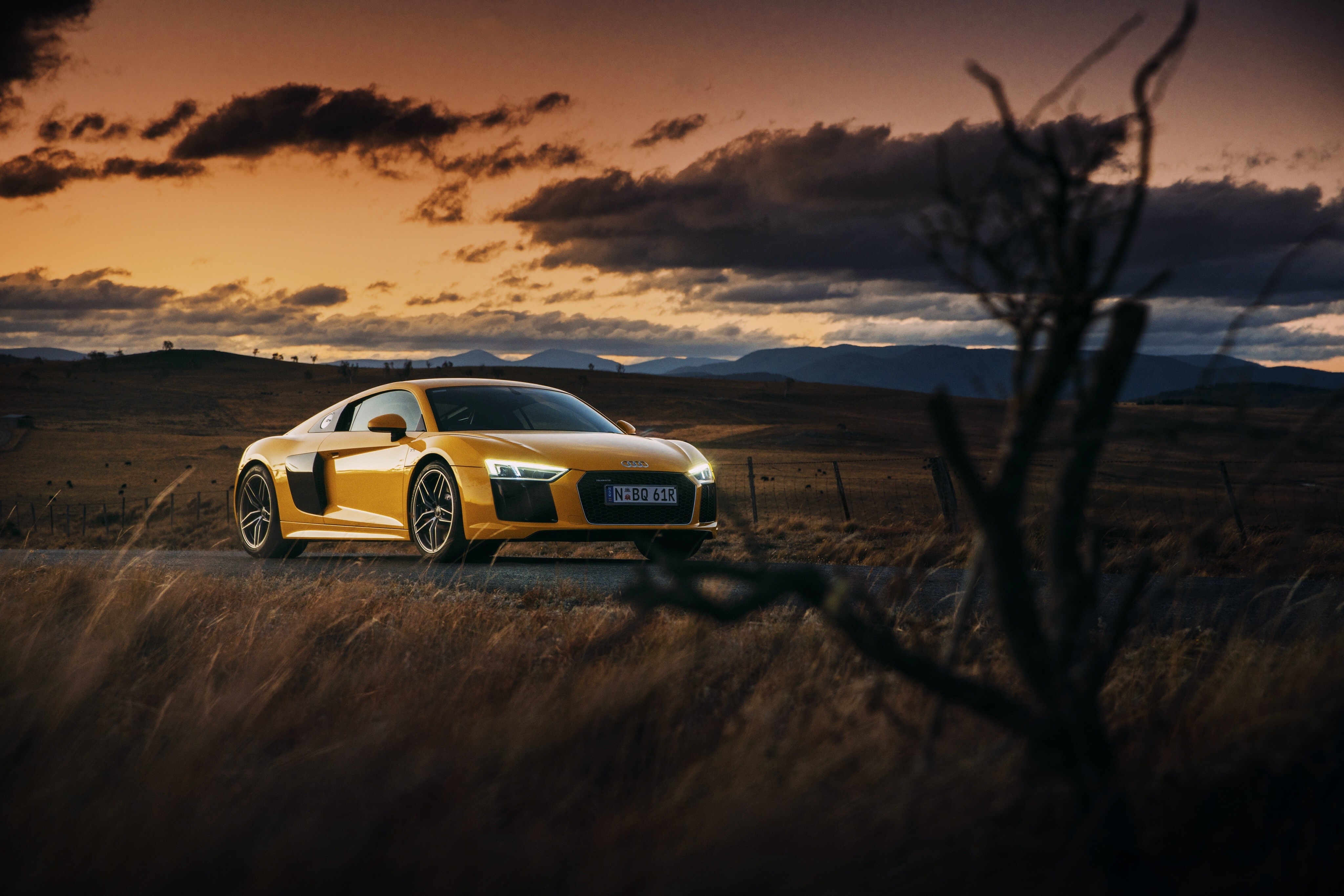 Yellow Audi R8 V10 on a Road at Sunset HD Wallpaper