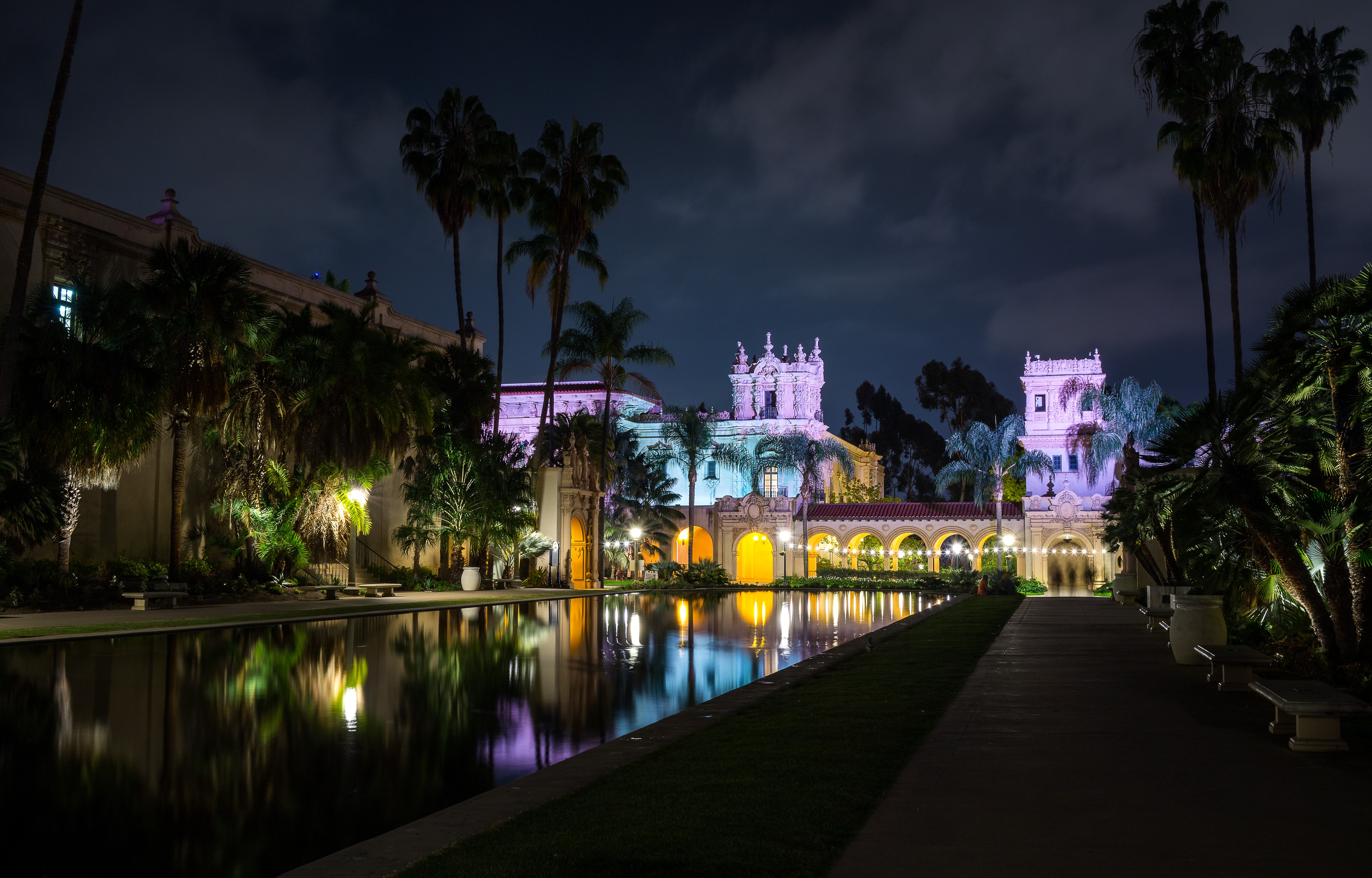 Balboa Park Buildings and Pond at Night, San Diego HD Wallpaper