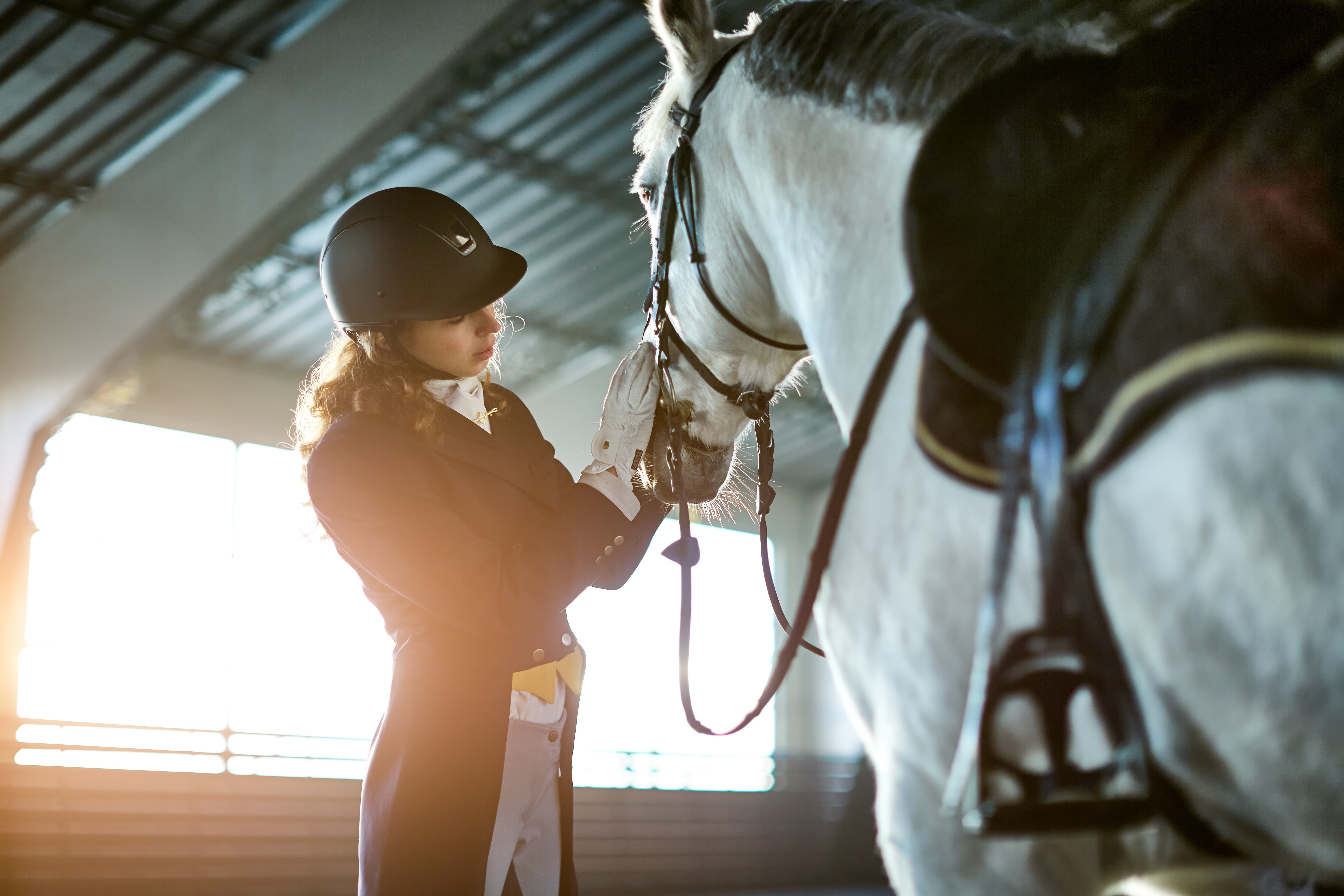 Girl in riding attire with white horse HD Wallpaper