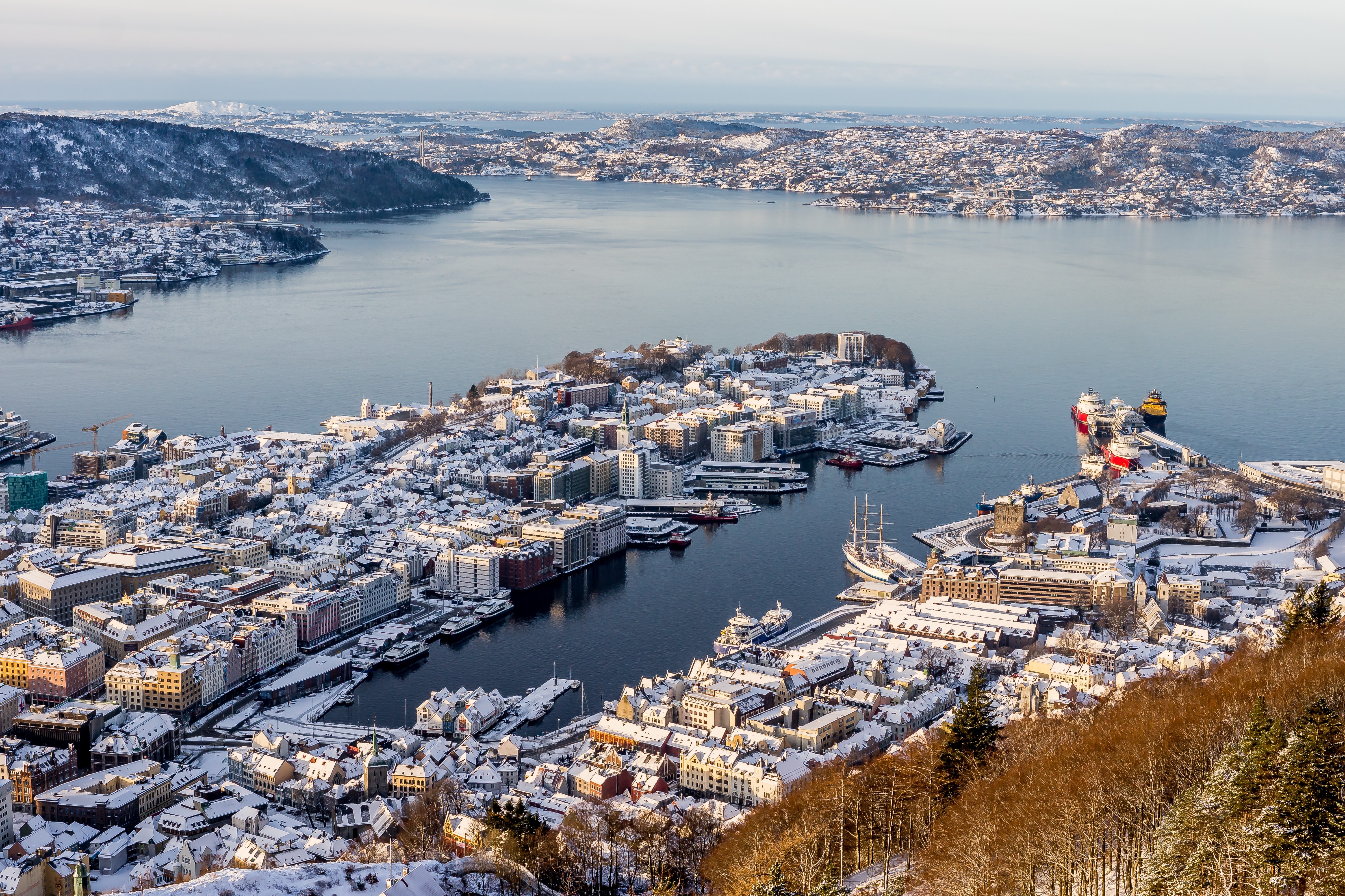 Bergen, Norway from above in winter HD Wallpaper