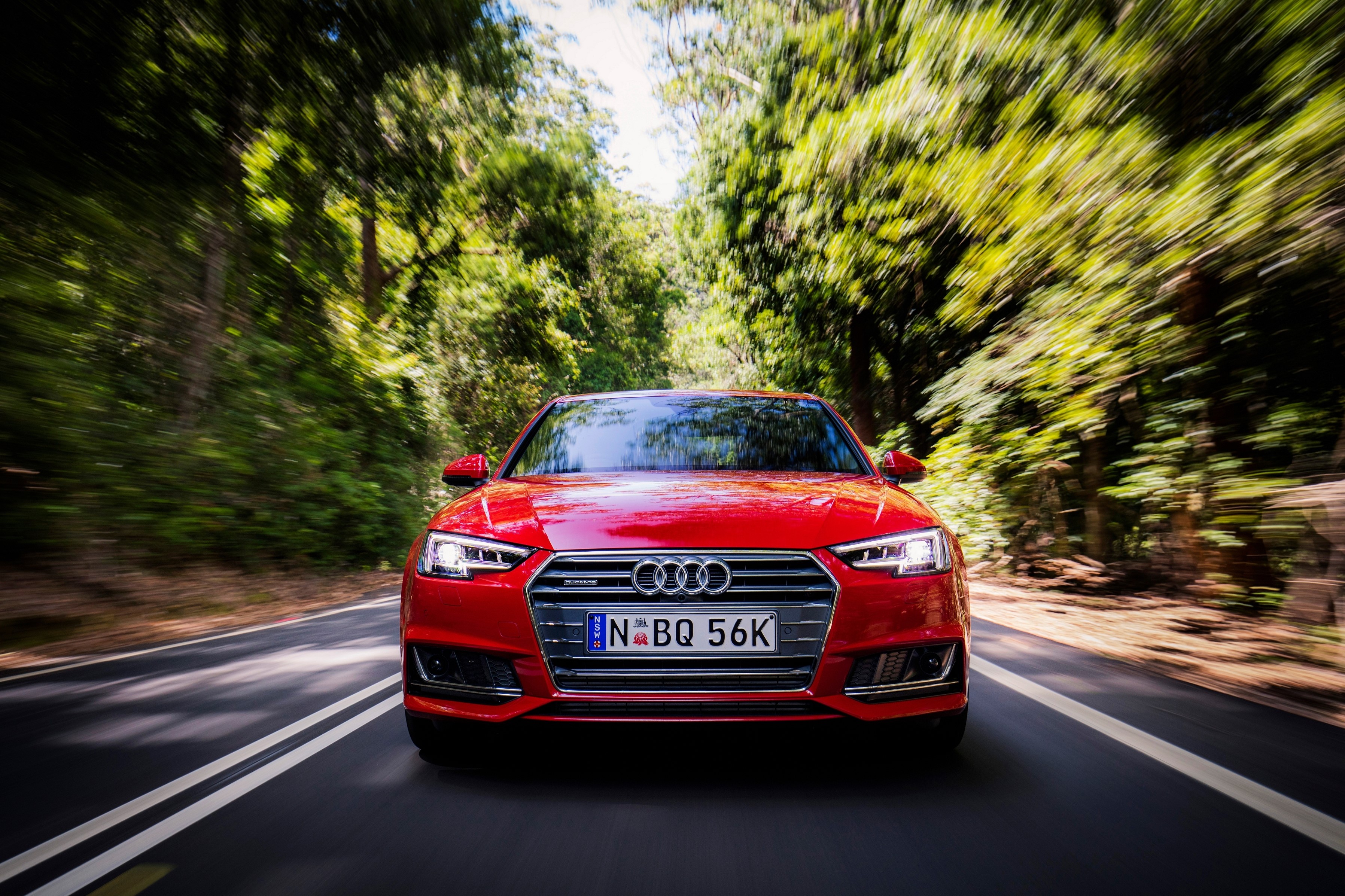 Red Audi A4 Sedan driving on a forest road HD Wallpaper