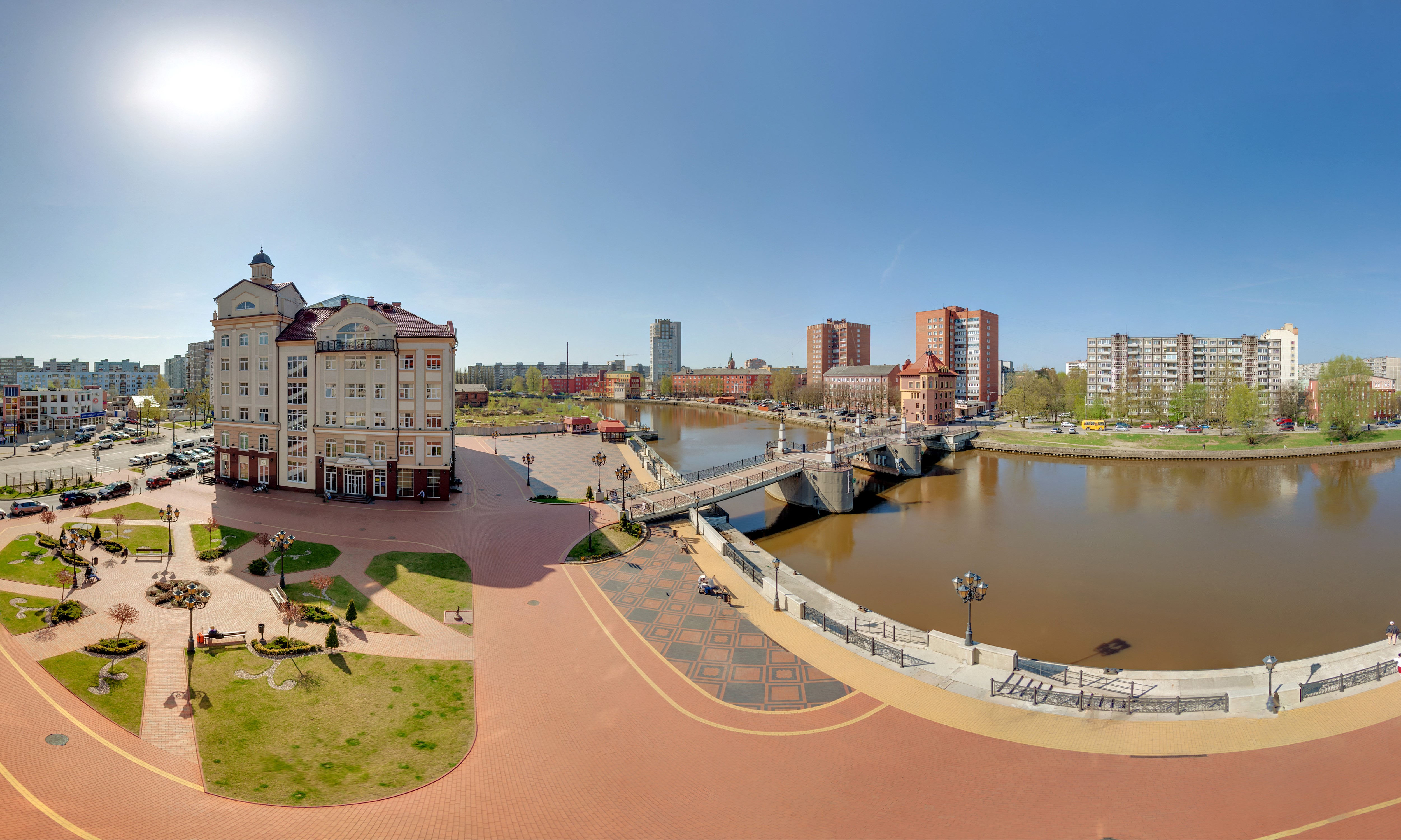 Kaliningrad cityscape with river and bridge HD Wallpaper
