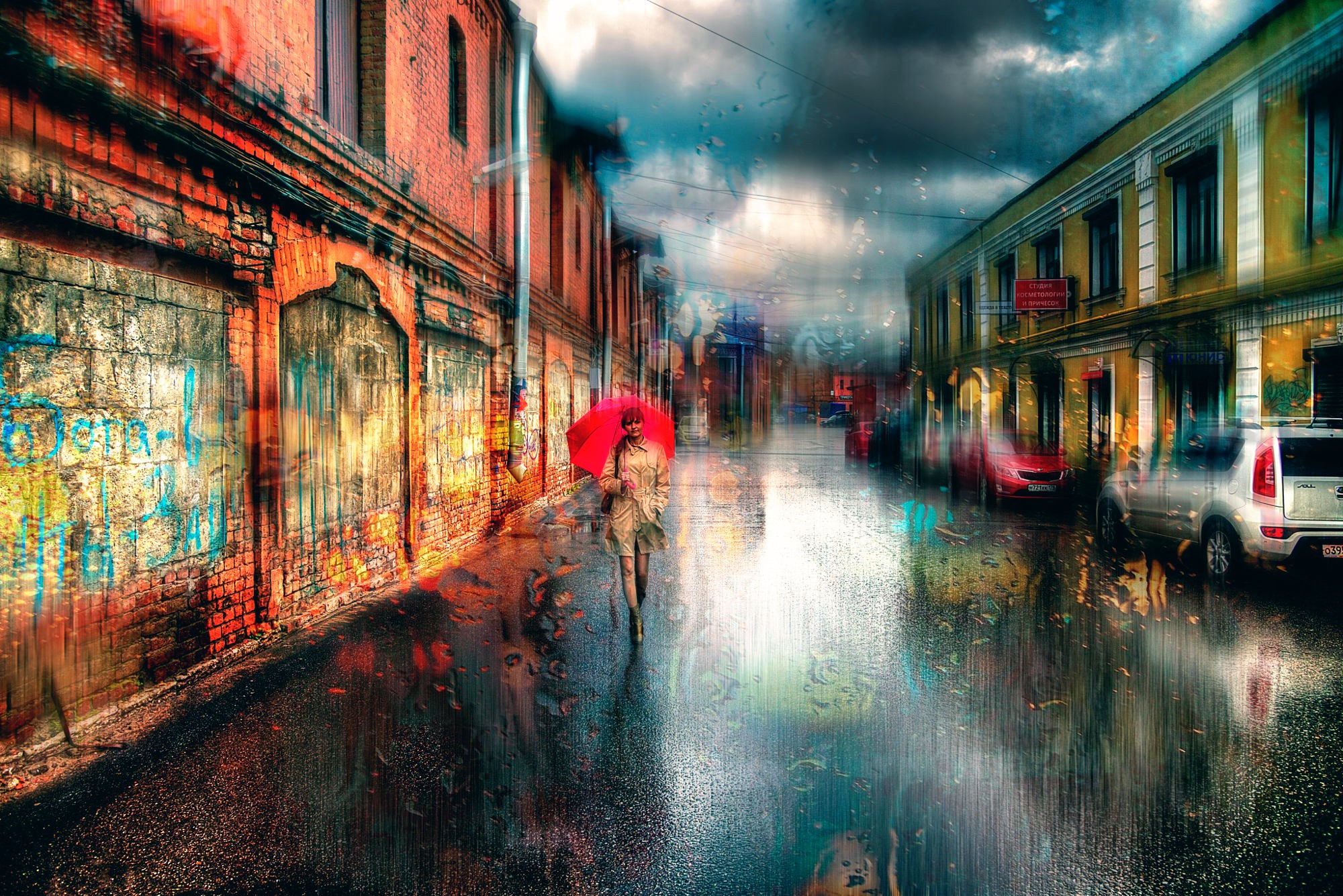 Woman with red umbrella walking on a rainy street in St. Petersburg HD Wallpaper