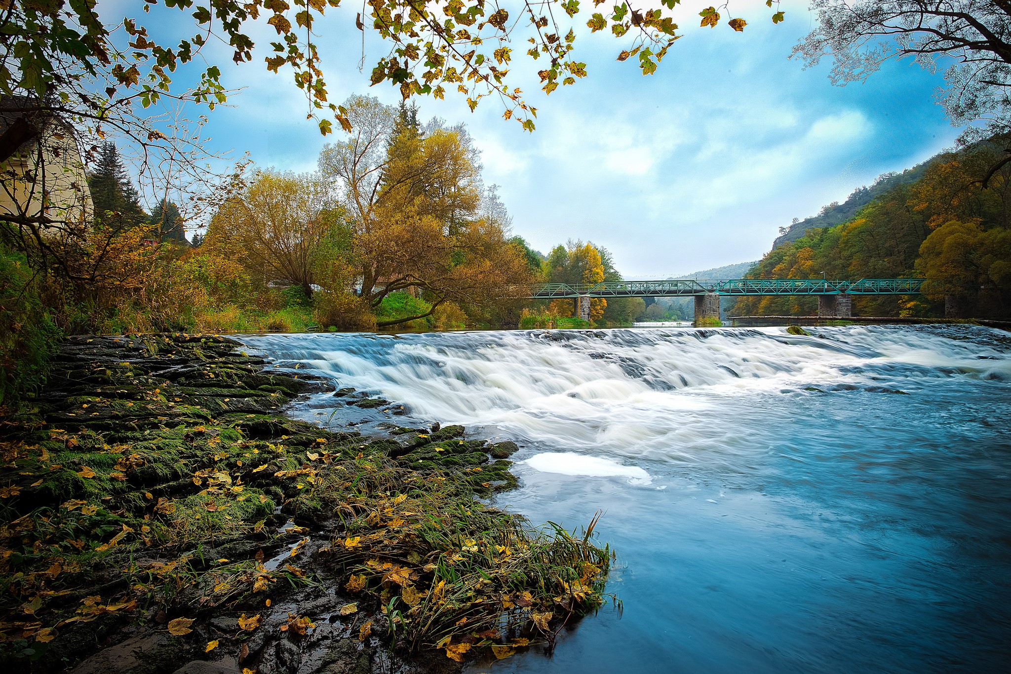 River waterfall and bridge in autumn Hardegg, Austria HD Wallpaper