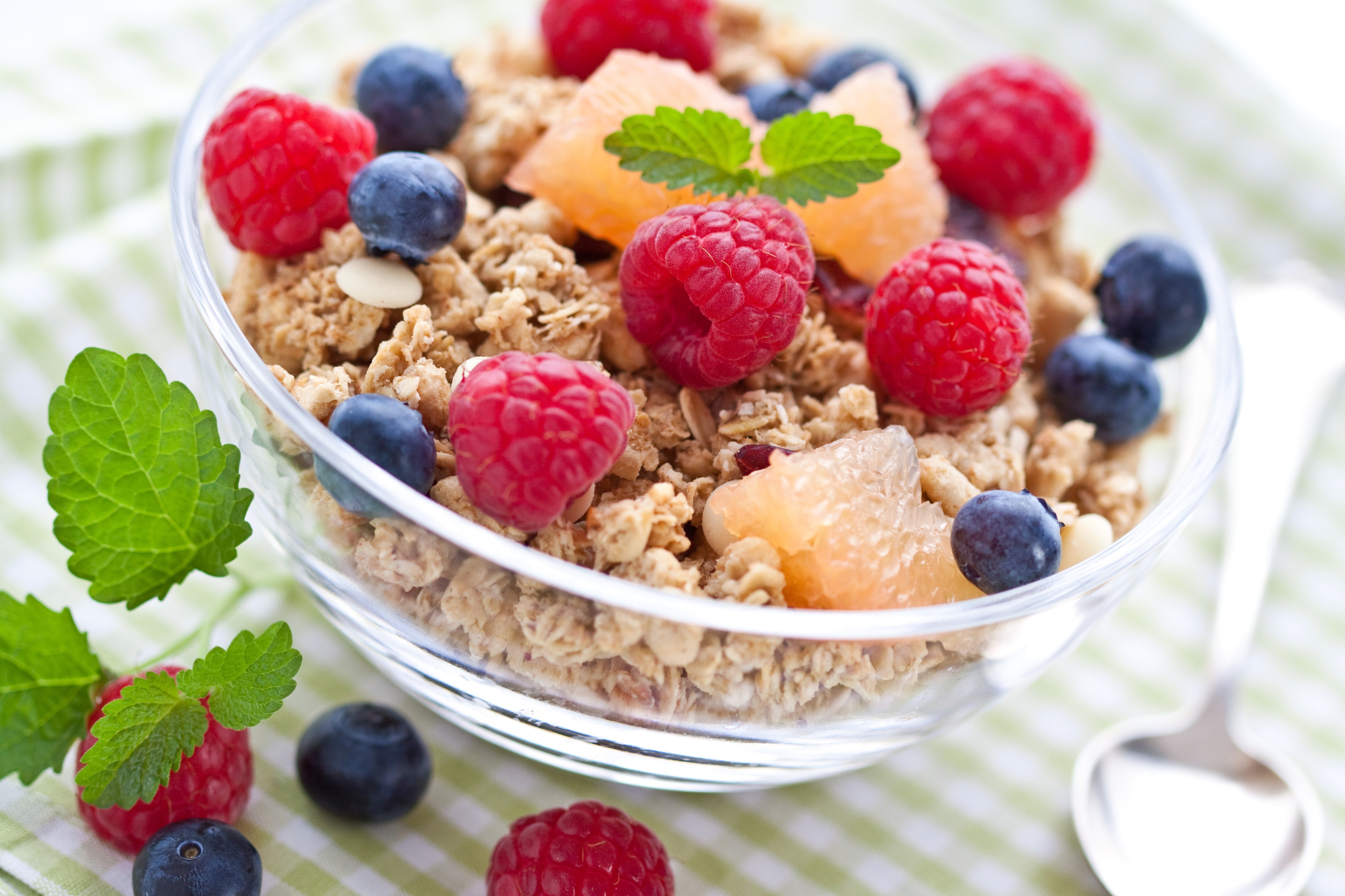 Bowl of Muesli with Raspberries and Blueberries HD Wallpaper