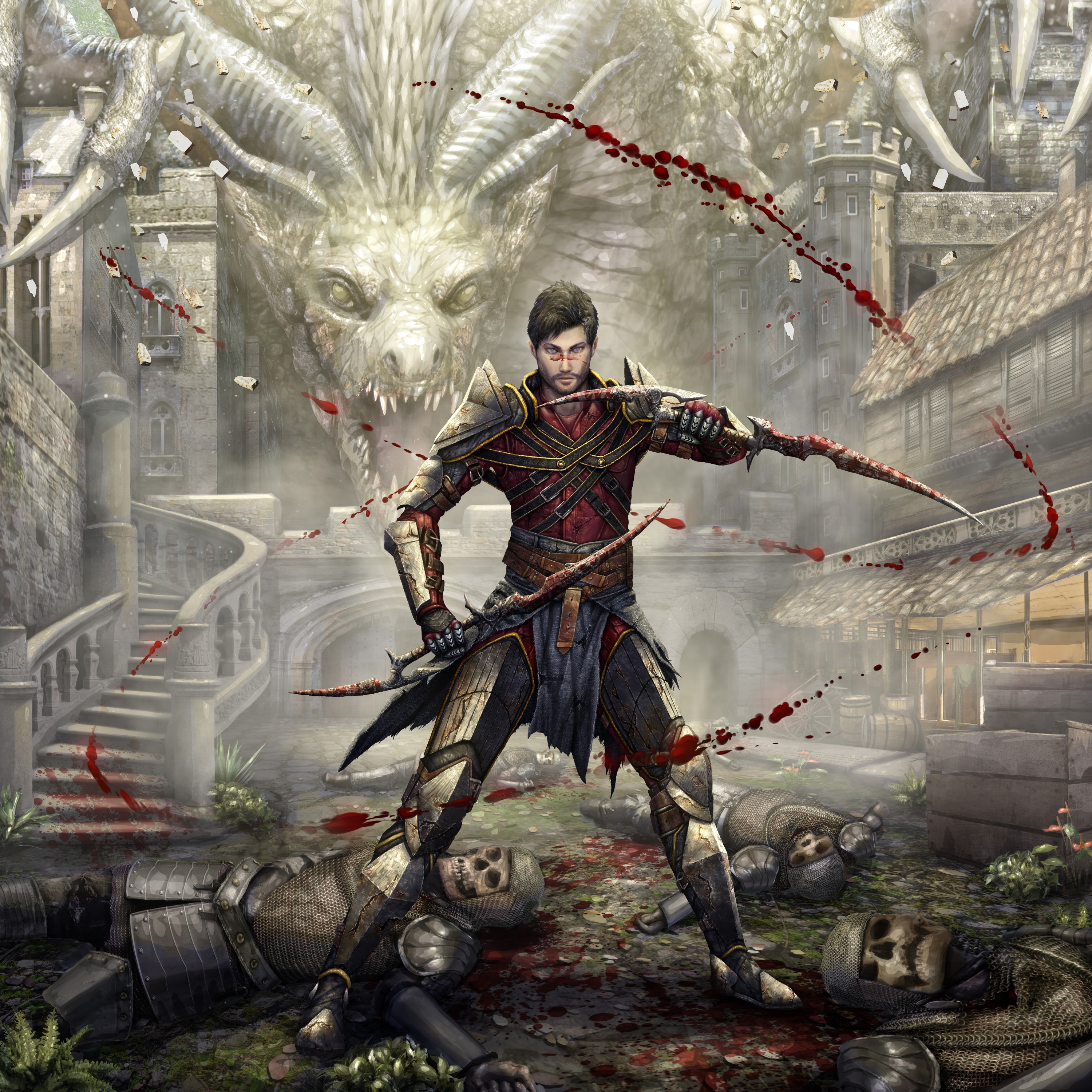 Warrior fighting a dragon in a ruined city HD Wallpaper