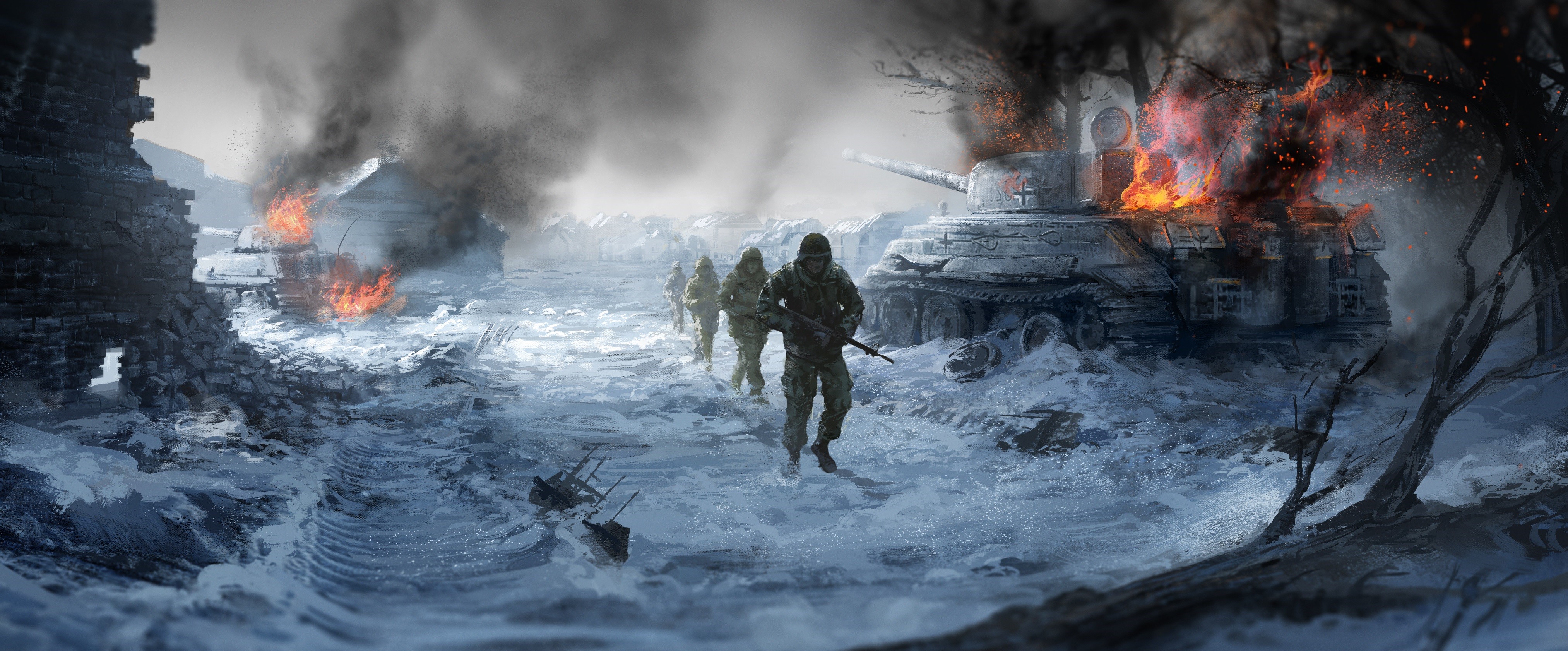 Soldiers and Tanks in a Snowy Battle HD Wallpaper