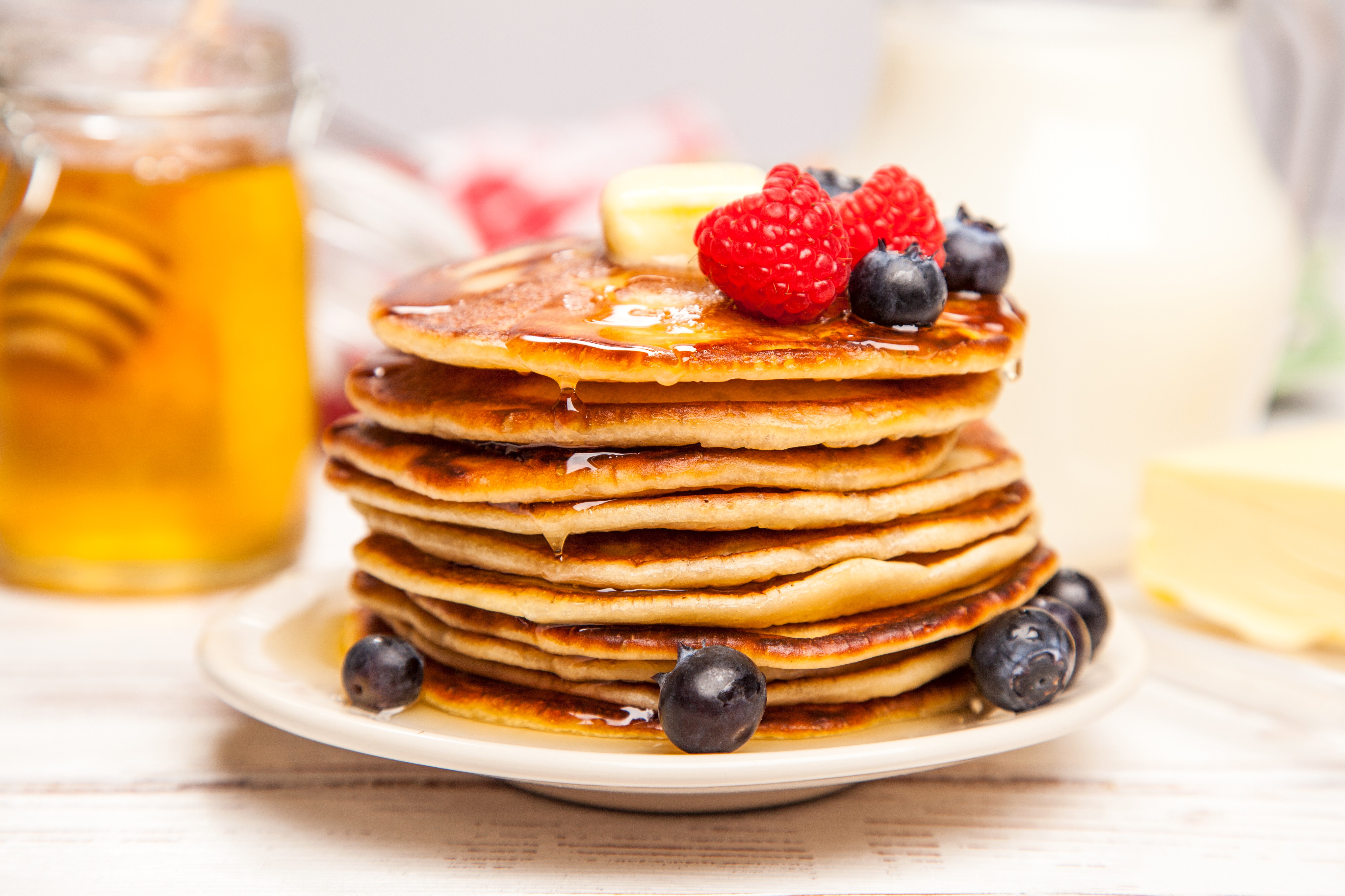 Stack of Pancakes with Berries and Honey HD Wallpaper