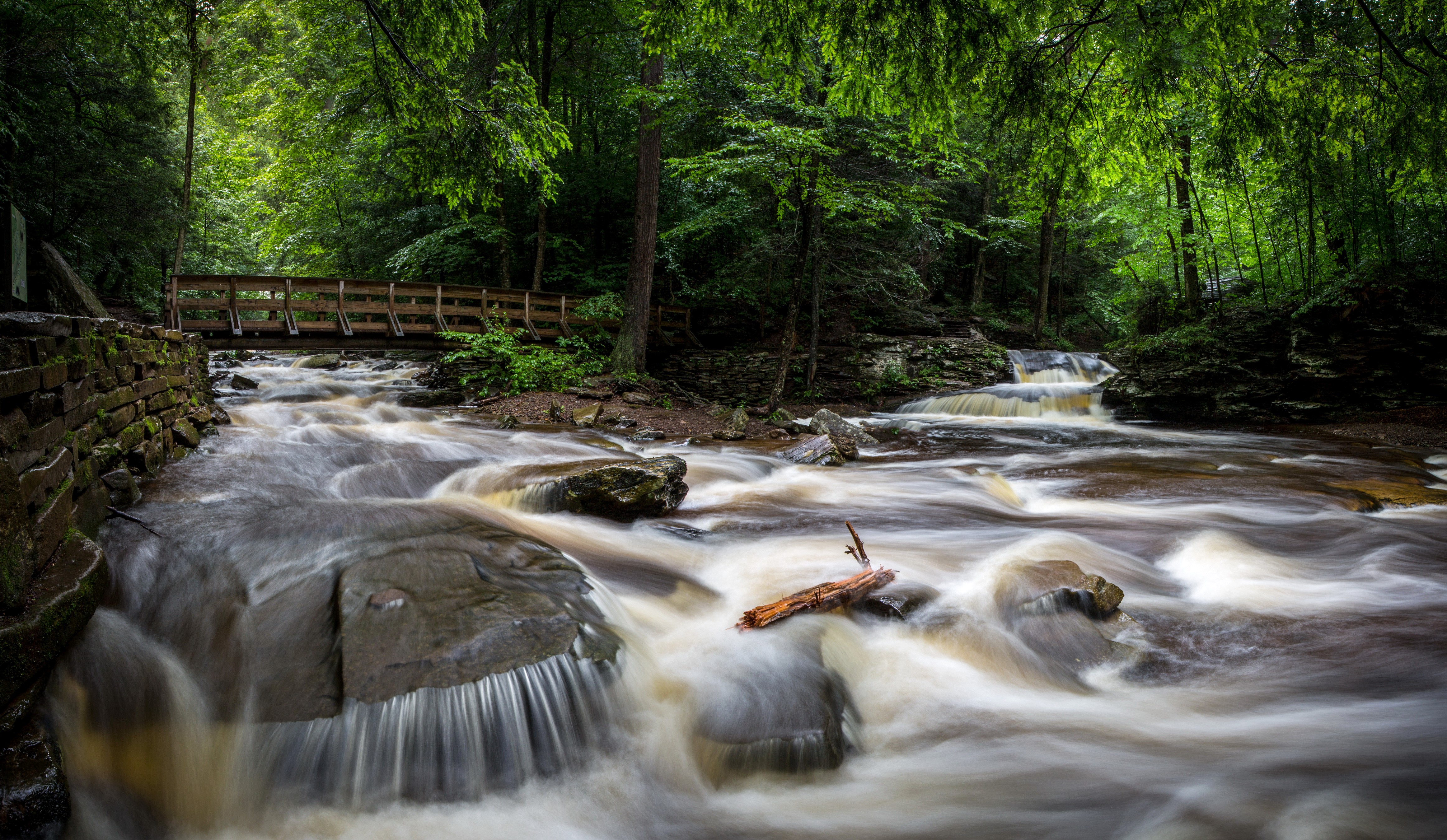 Ricketts Glen State Park Waterfalls and Bridge HD Wallpaper