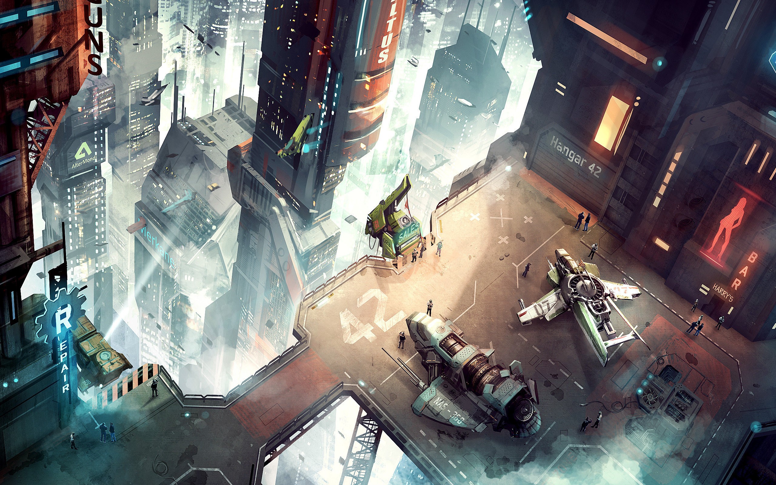 Star Citizen futuristic city hangar with ships HD Wallpaper