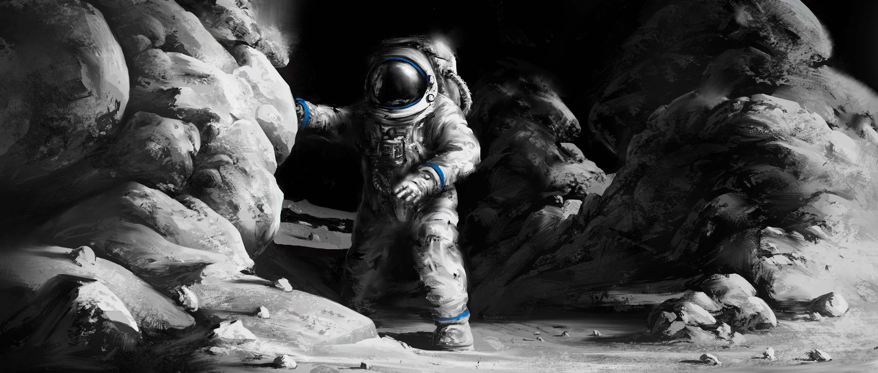 Astronaut exploring rocky lunar landscape painting HD Wallpaper