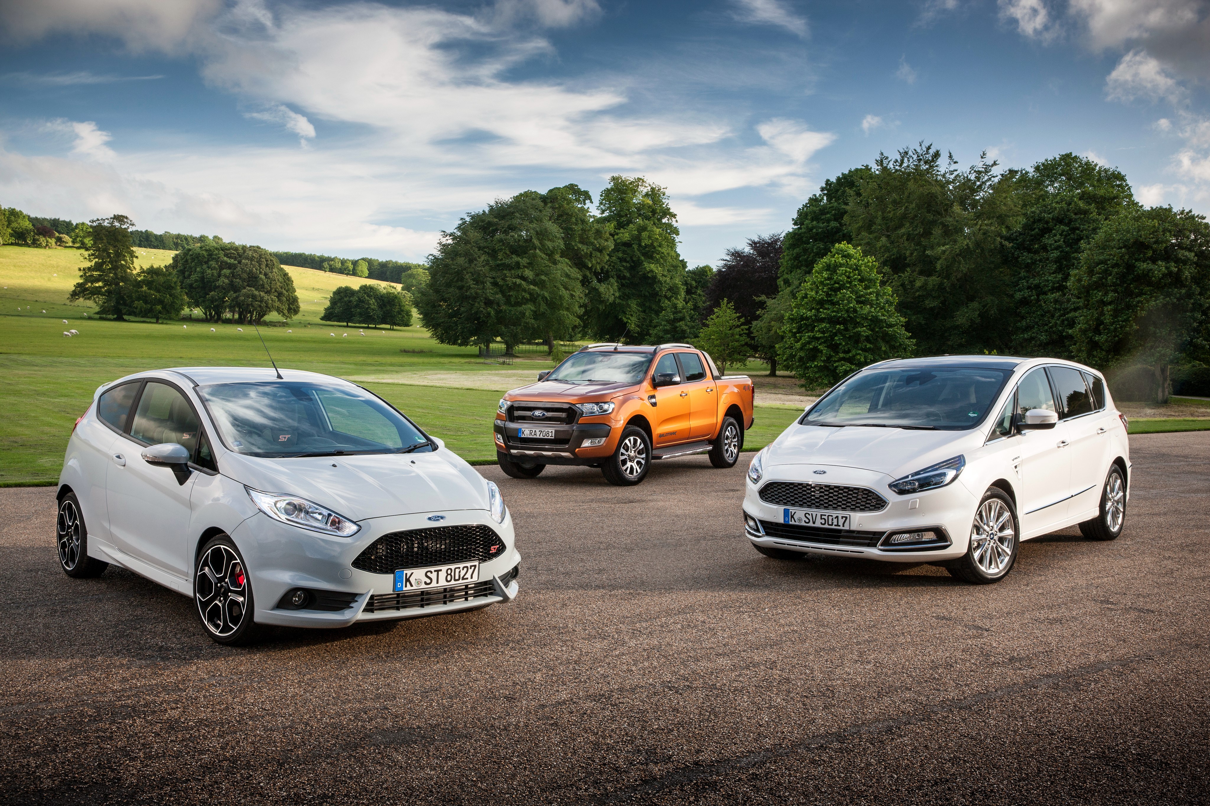 Three Ford Cars: Fiesta, Ranger, and S-Max HD Wallpaper