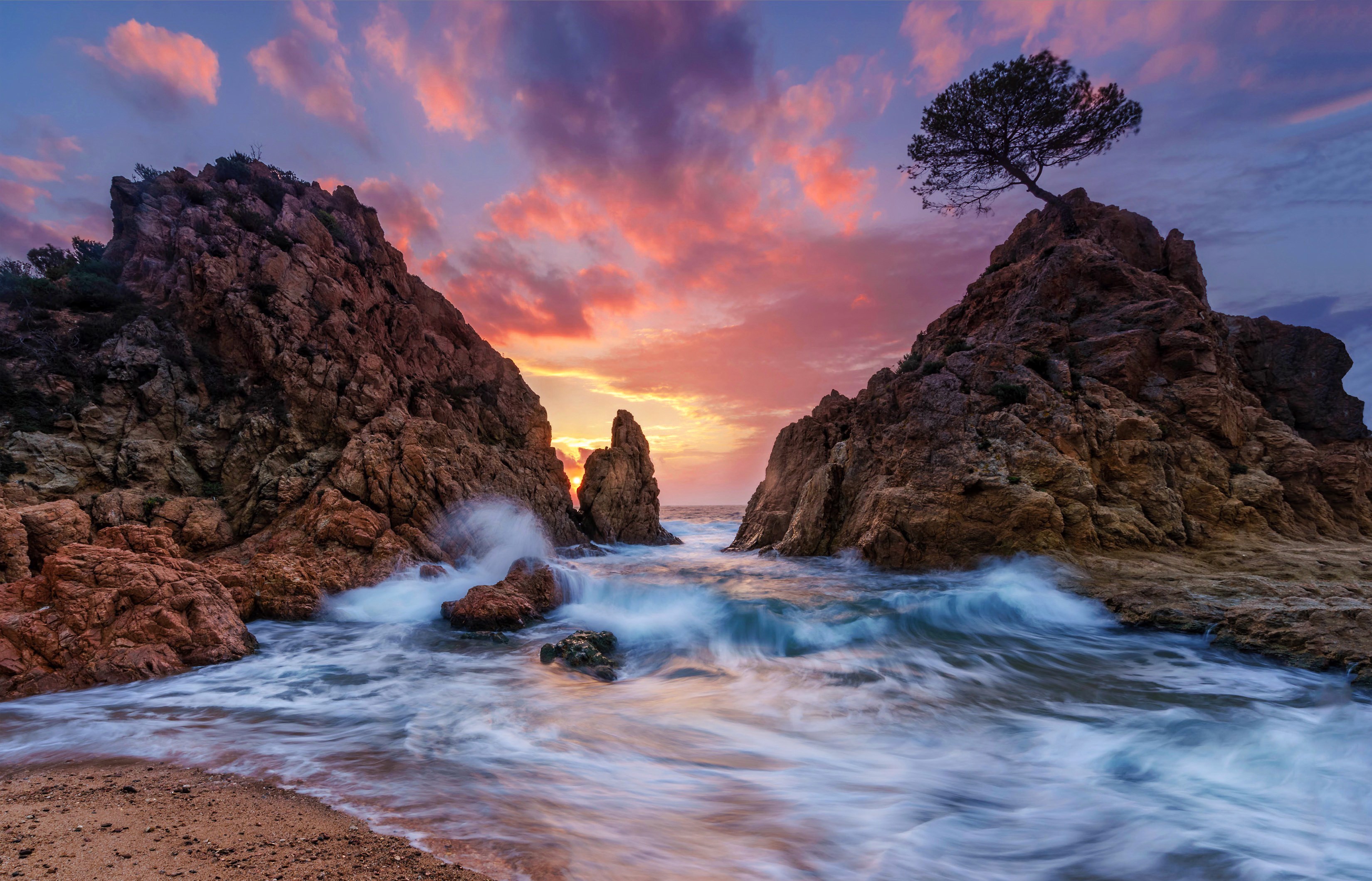 Costa Brava Spain Coastline at Sunset with Crashing Waves HD Wallpaper