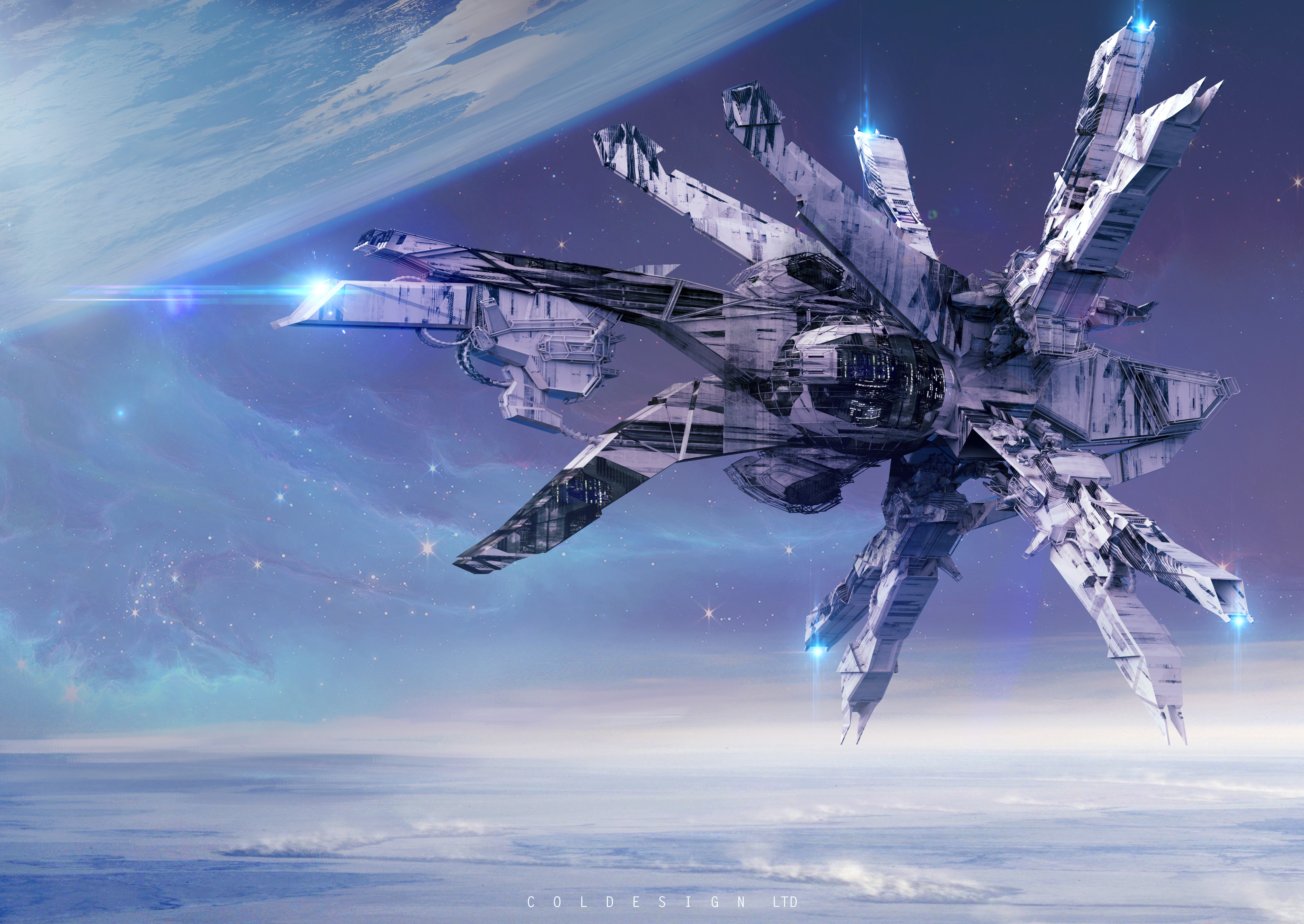 Spaceship above a planet HD Wallpaper