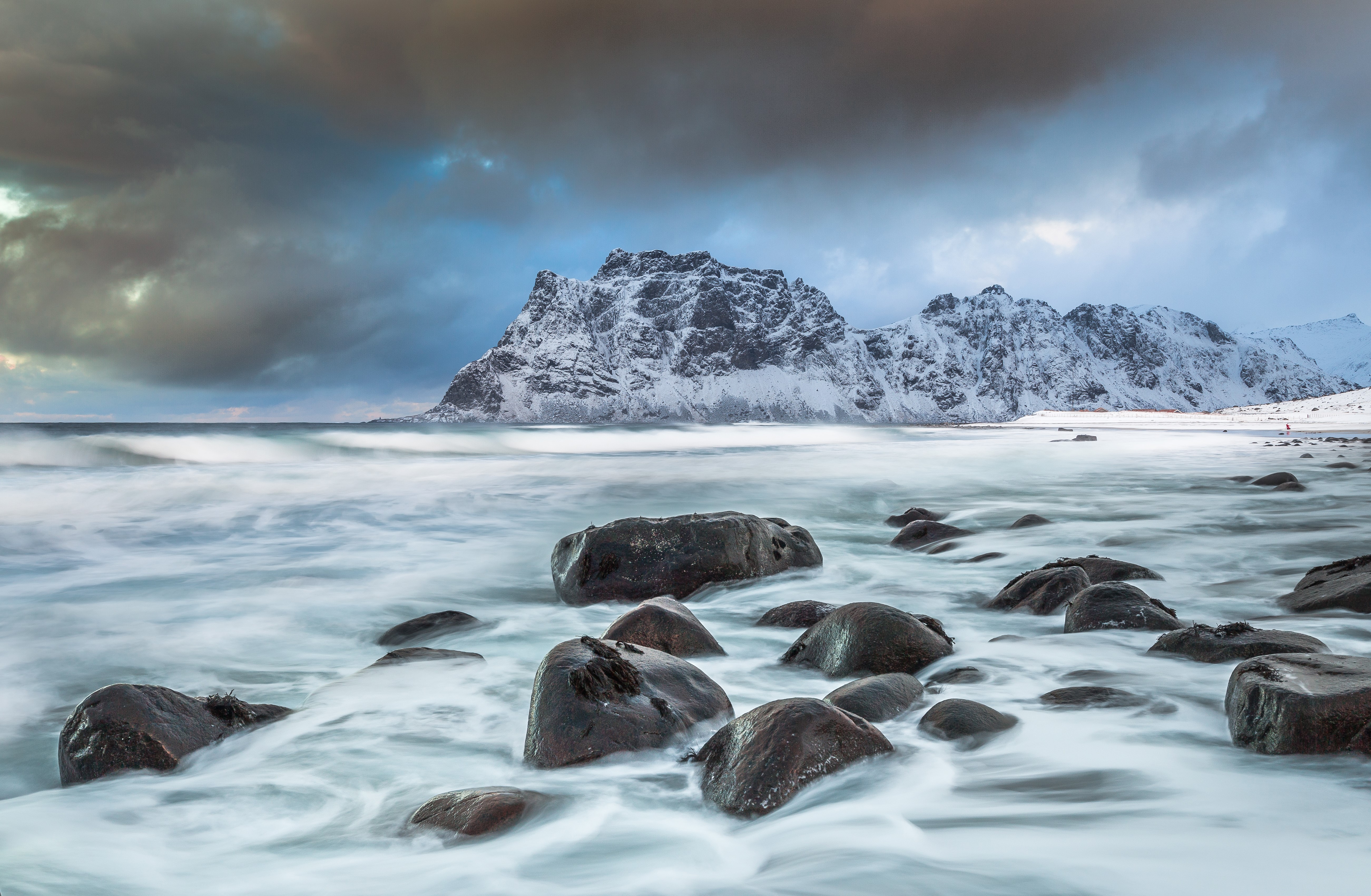 Utakleiv Coast Lofoten Norway with Snow Mountains and Sea HD Wallpaper