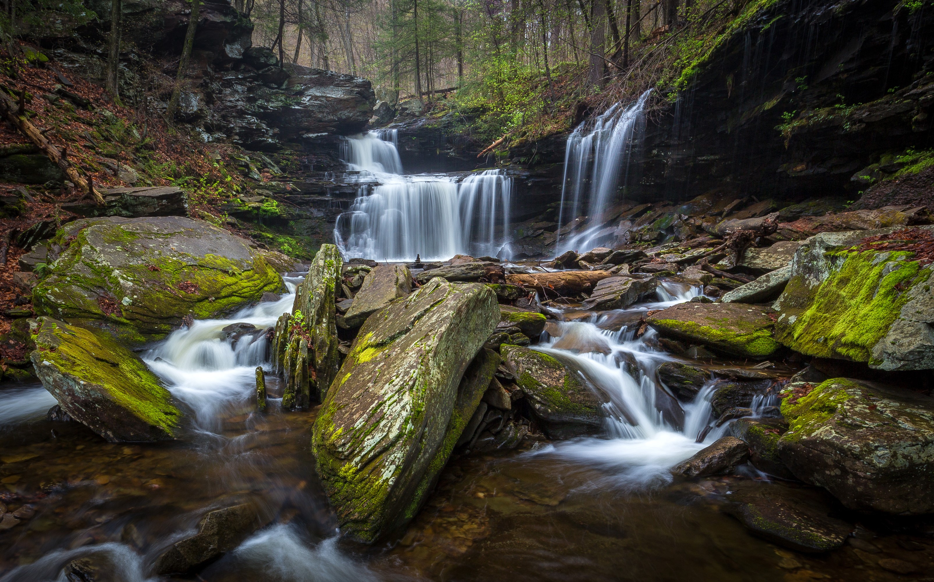 Waterfalls and moss-covered rocks in Ricketts Glen State Park HD Wallpaper