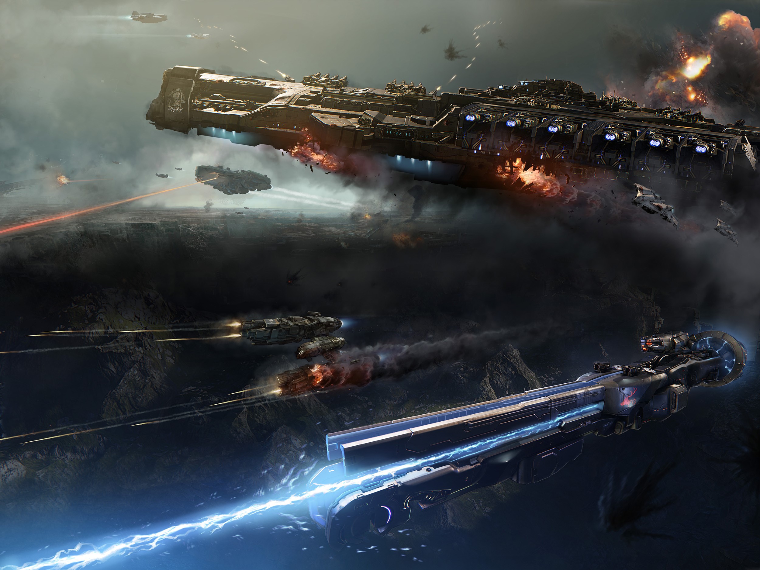 Massive starships engaged in a space battle HD Wallpaper