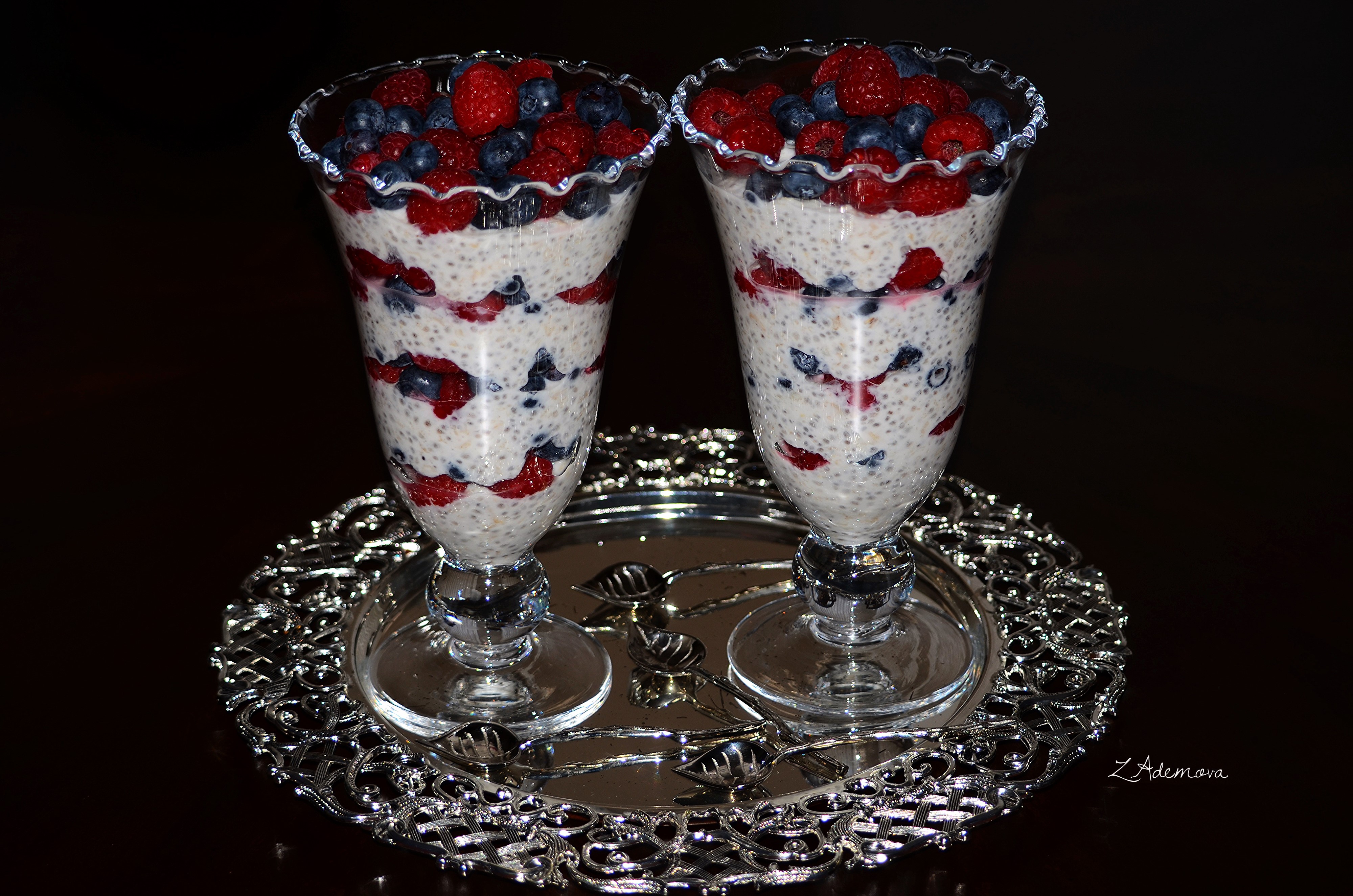 Two Berry Parfaits in Highball Glasses on a Silver Tray HD Wallpaper