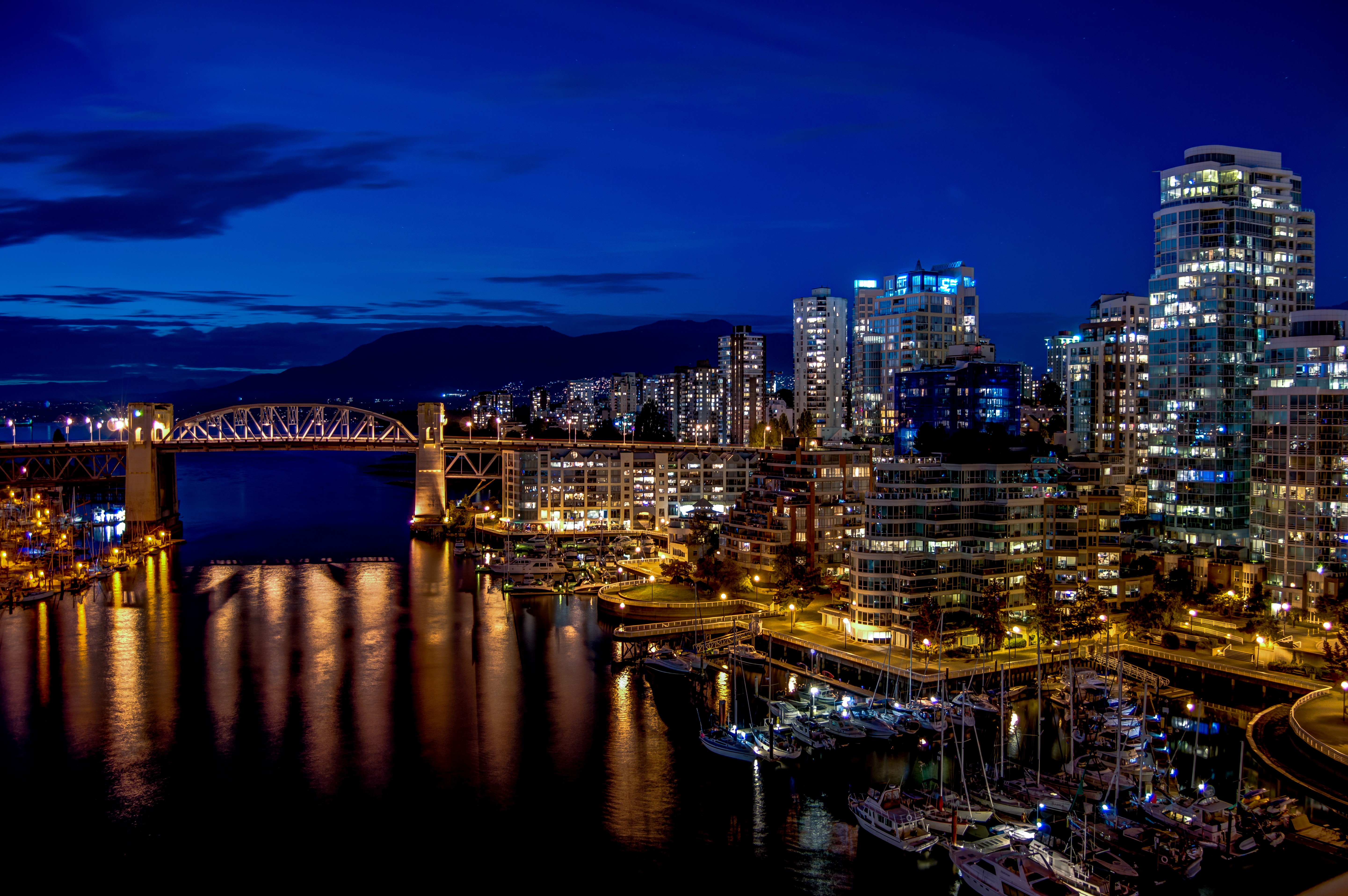 Vancouver skyline with bridge and marina at night HD Wallpaper