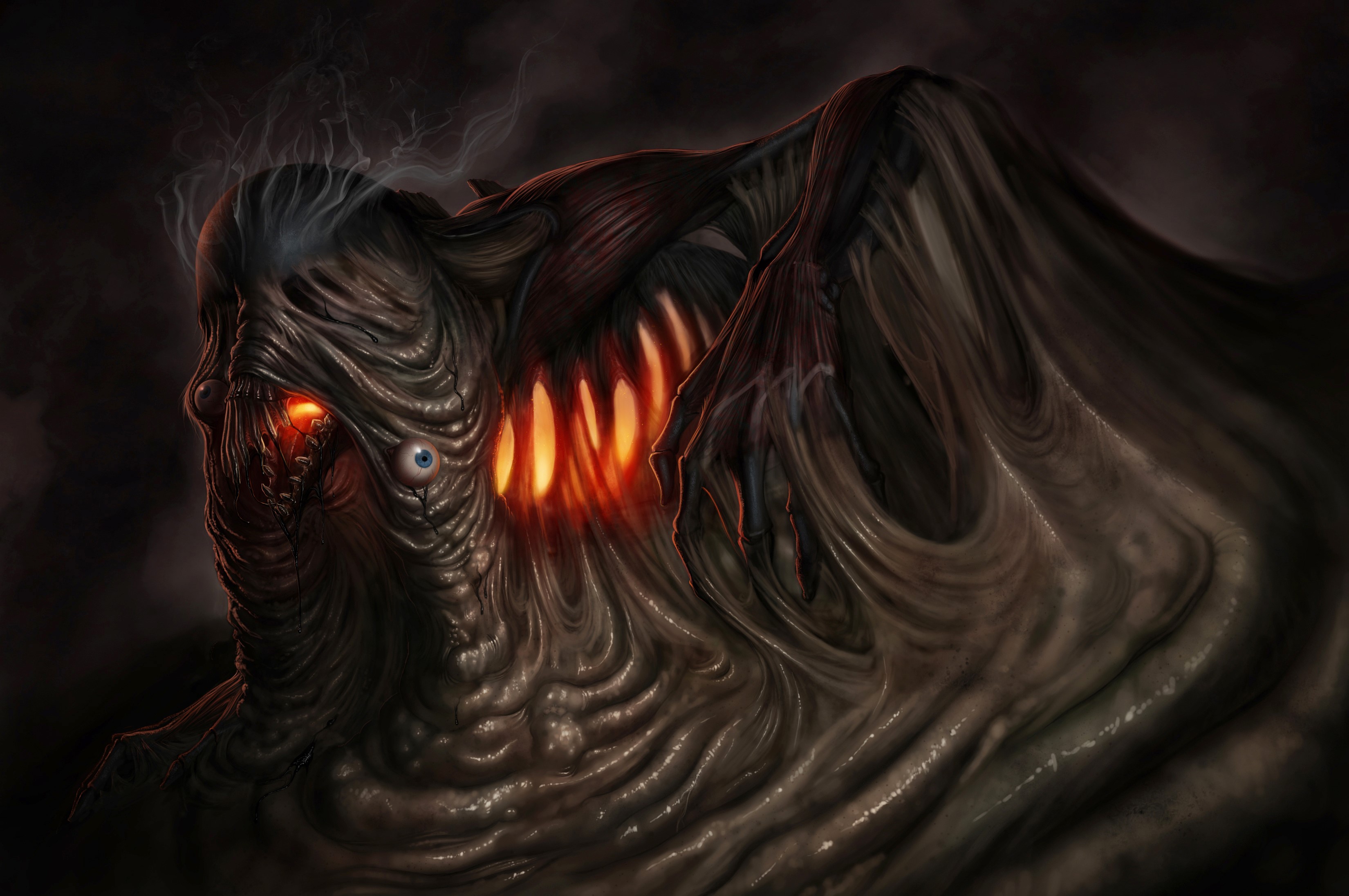 A grotesque monster with glowing eyes and exposed ribs HD Wallpaper