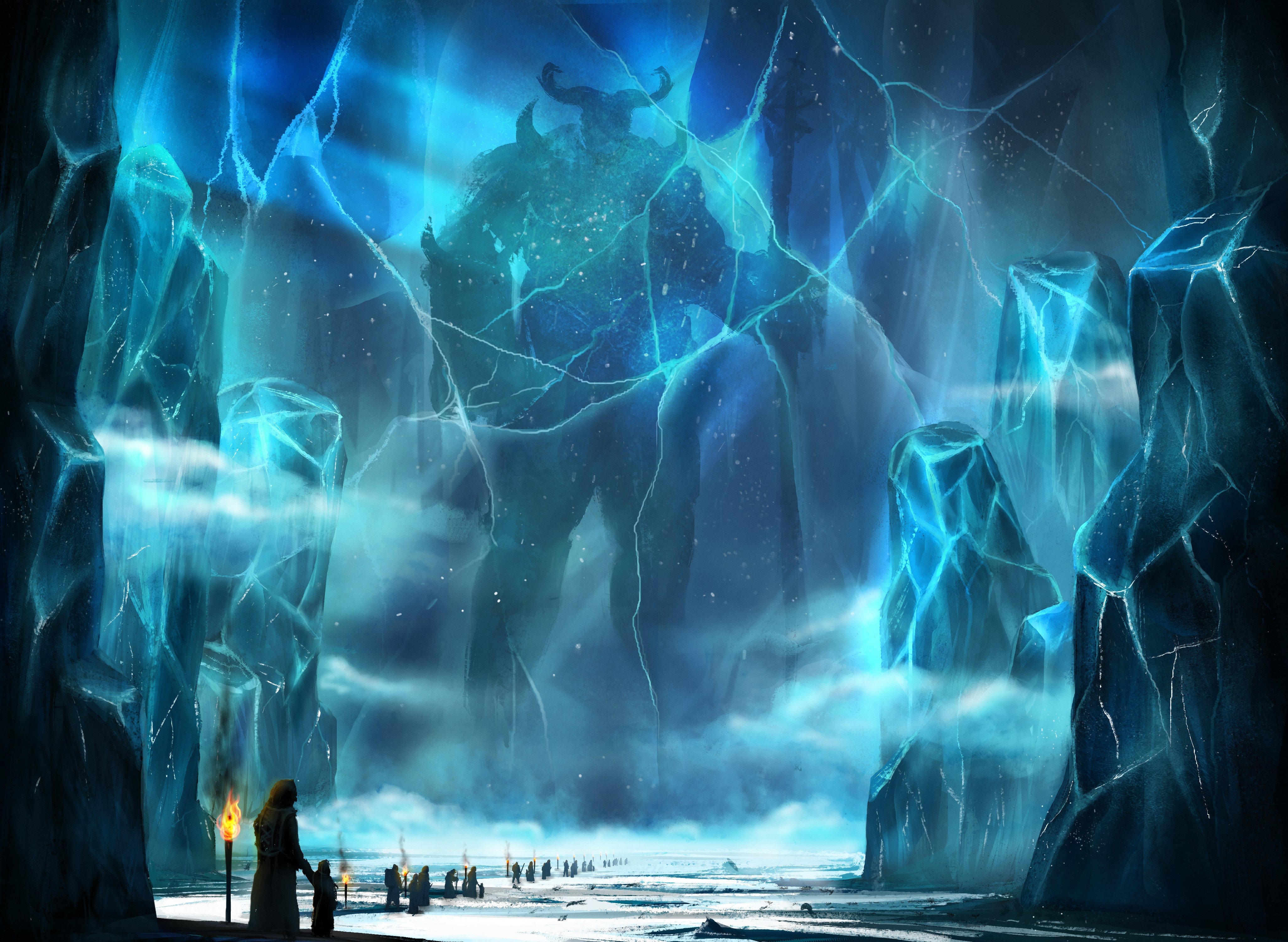 Monster trapped in ice cave with explorers HD Wallpaper