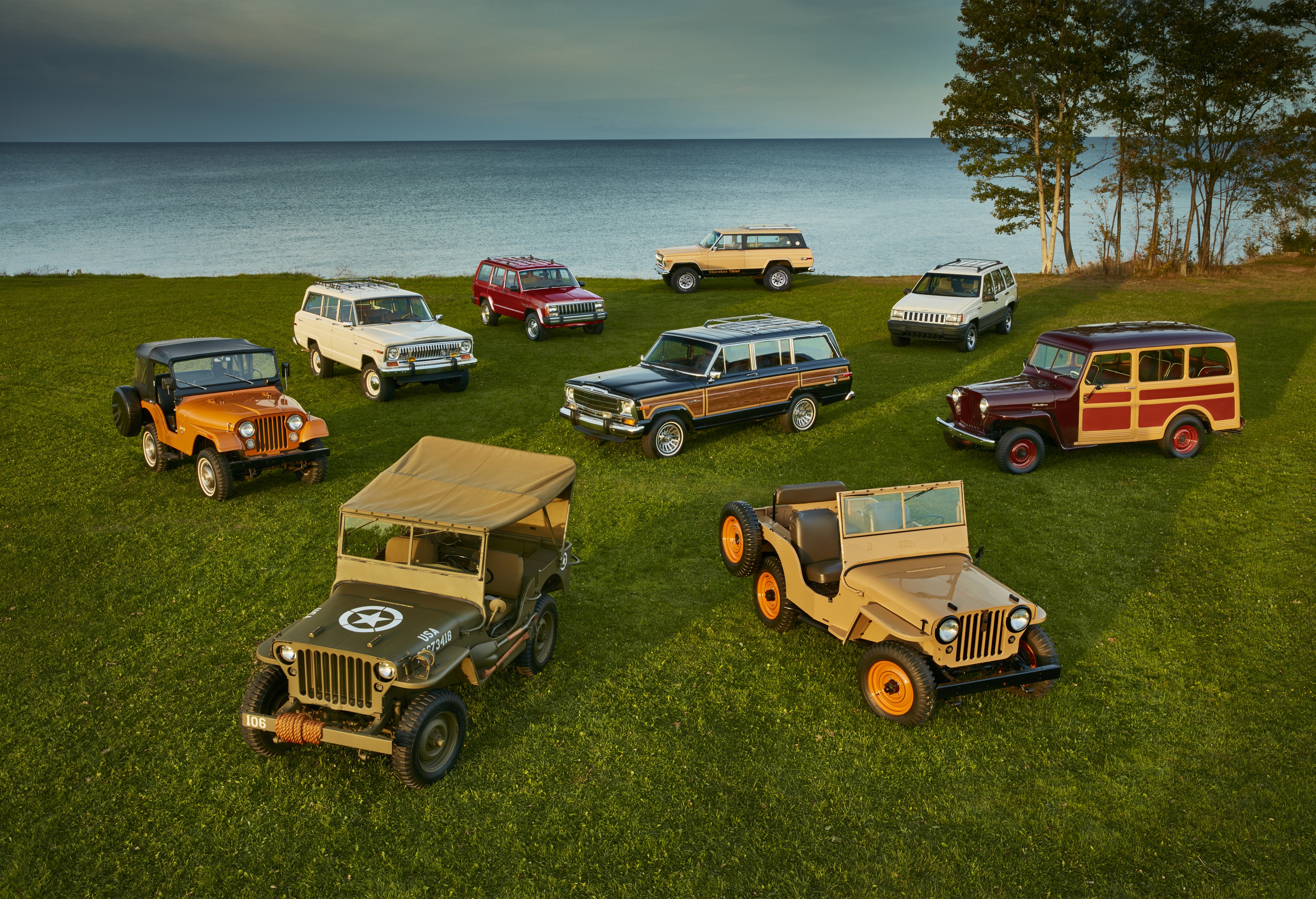 Many Retro Jeeps by the Water HD Wallpaper