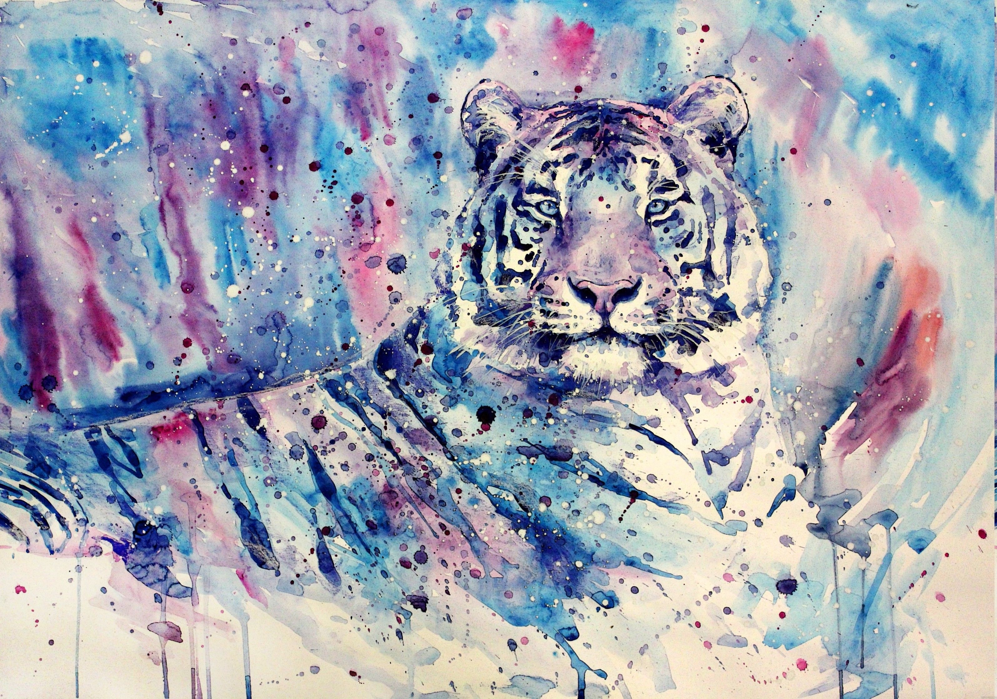 Watercolor painting of a white tiger HD Wallpaper