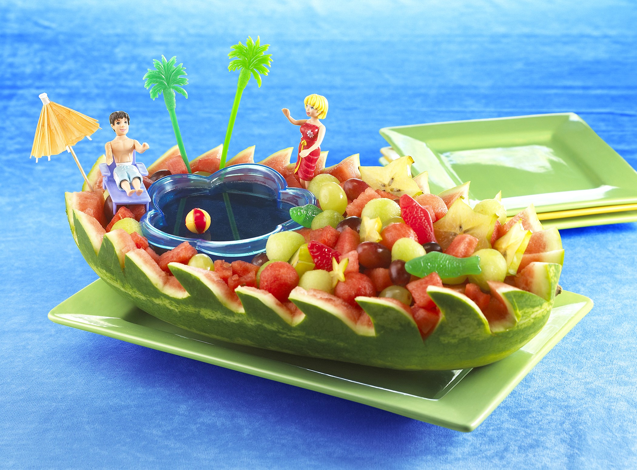 Watermelon fruit boat with tropical decorations HD Wallpaper