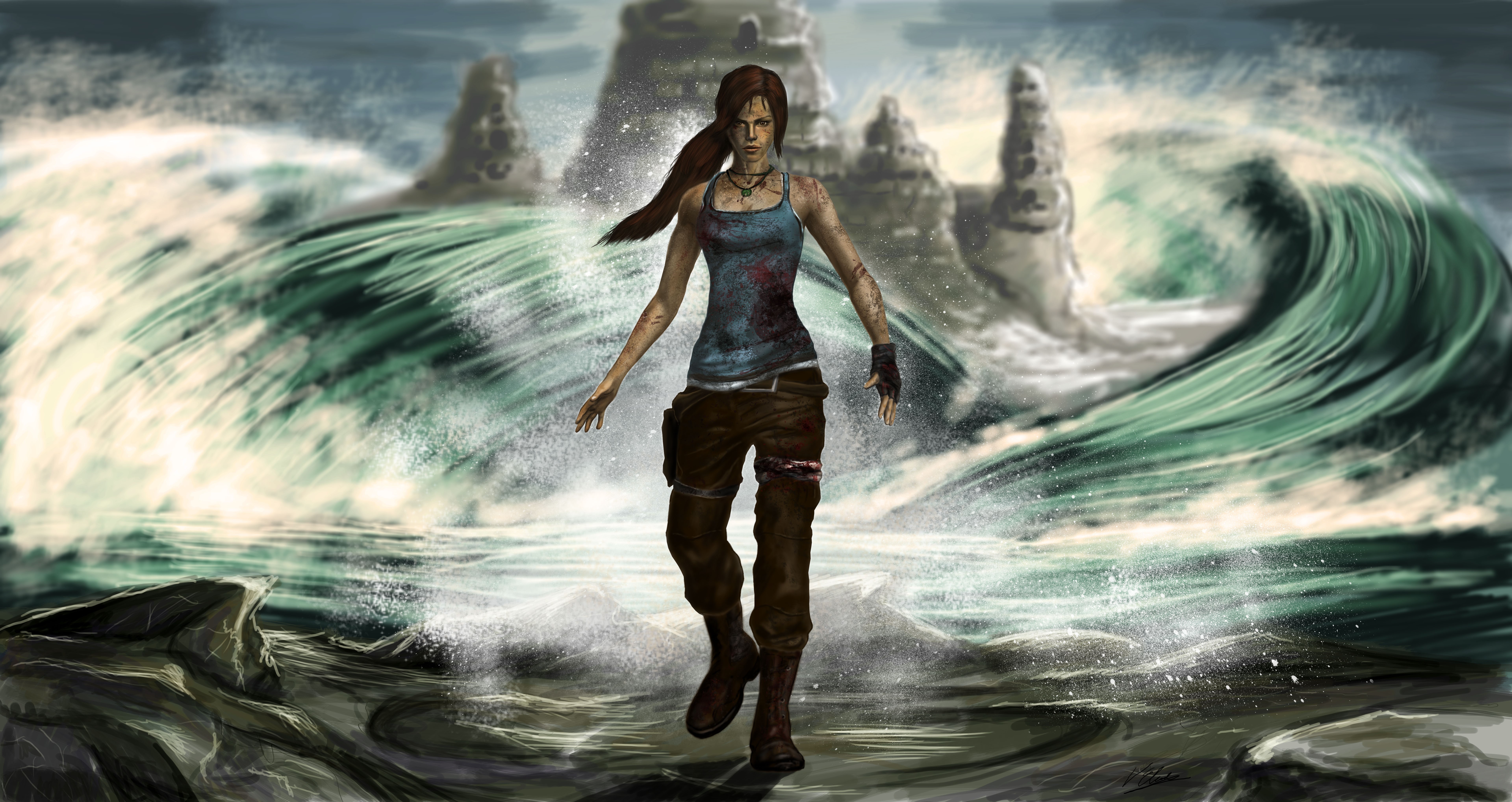 Lara Croft from Tomb Raider 2013 in Waves HD Wallpaper