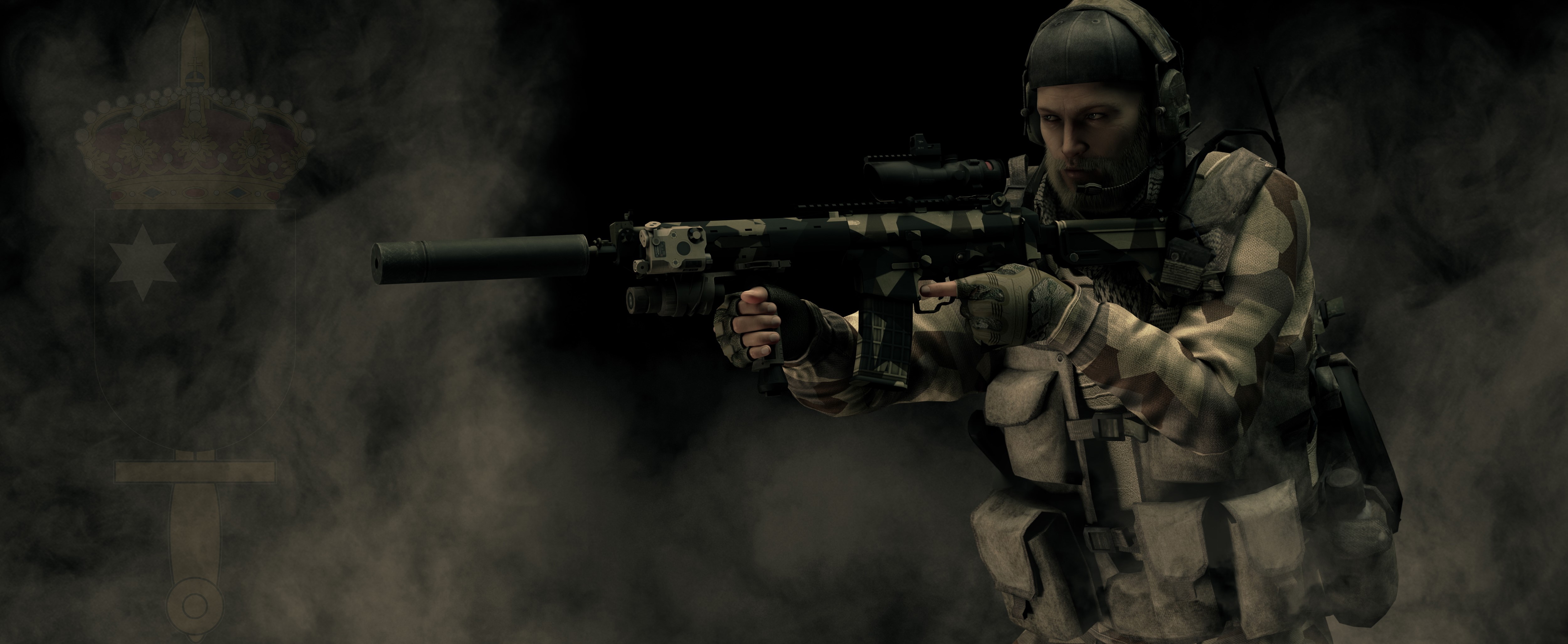 Soldier with Assault Rifle and Headphones HD Wallpaper