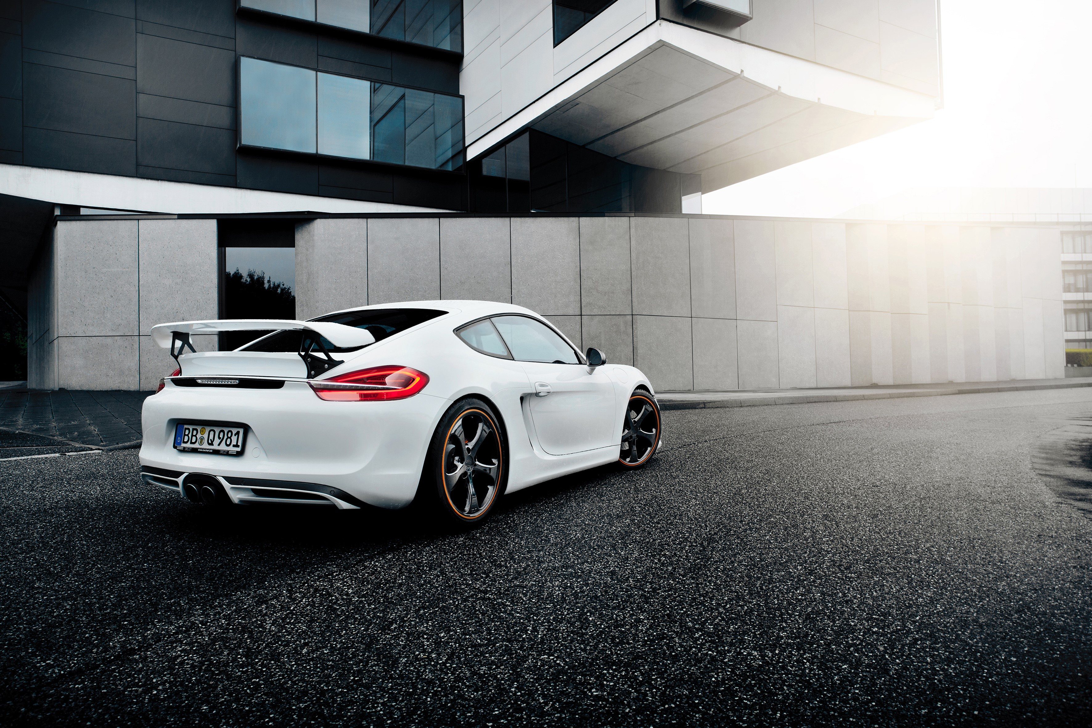 White TechArt Porsche Cayman with Spoiler HD Wallpaper
