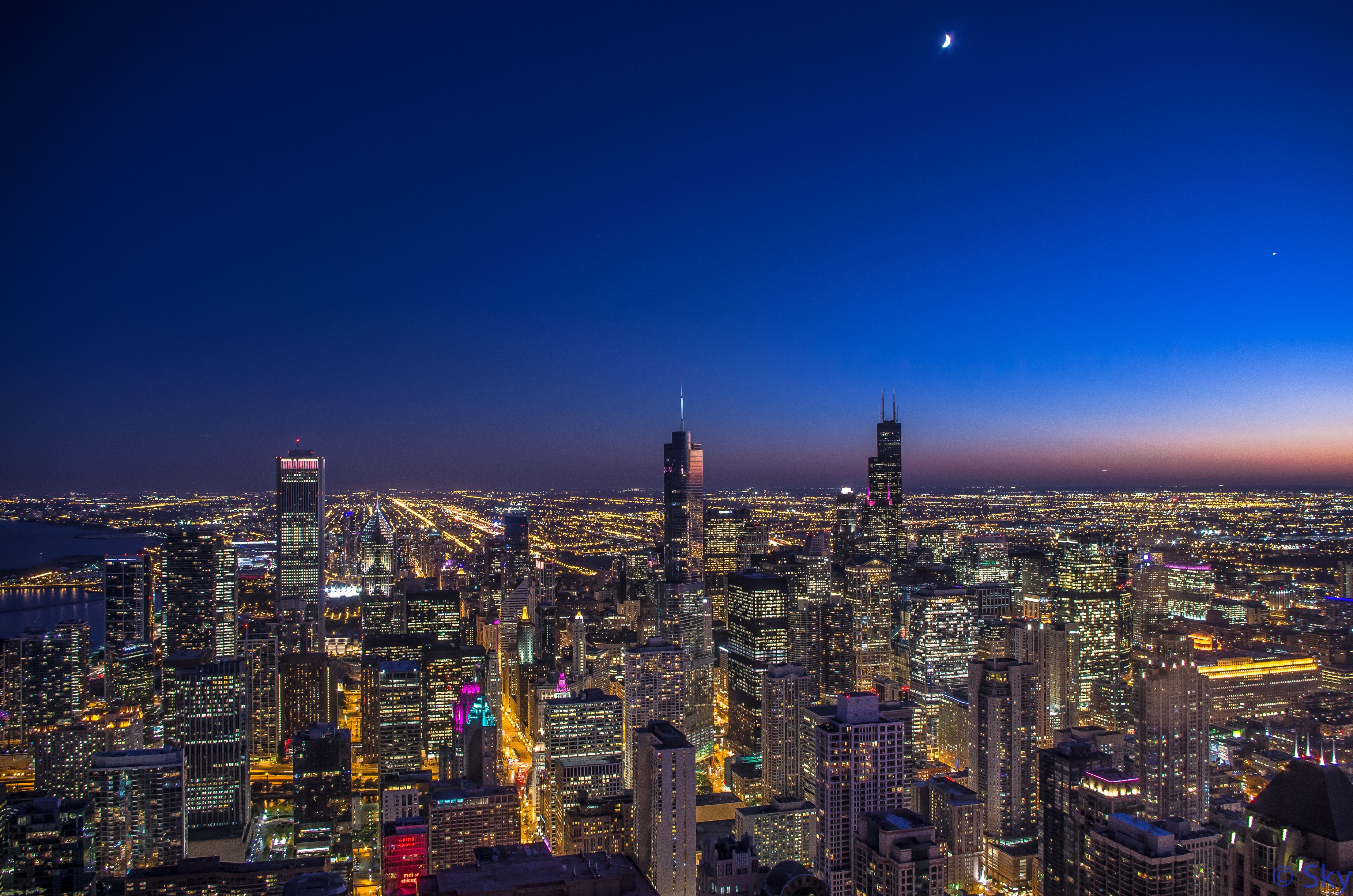 Chicago City Skyline at Night with Moon HD Wallpaper