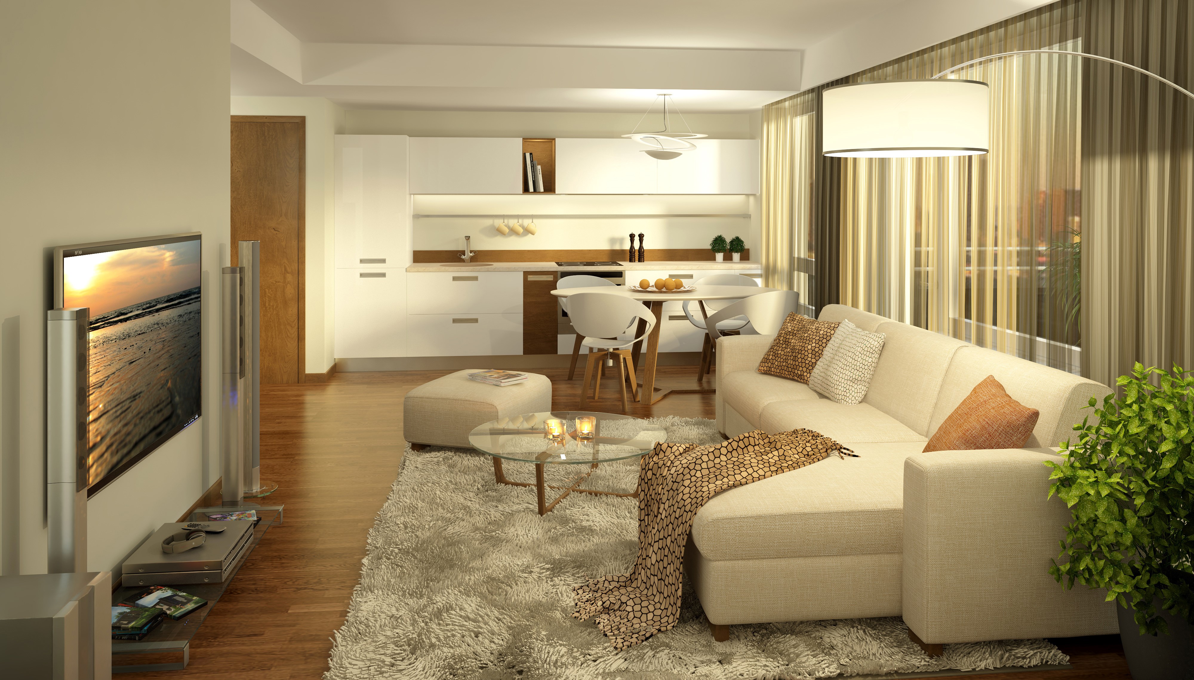 Modern Living Room with Sofa and Kitchen HD Wallpaper
