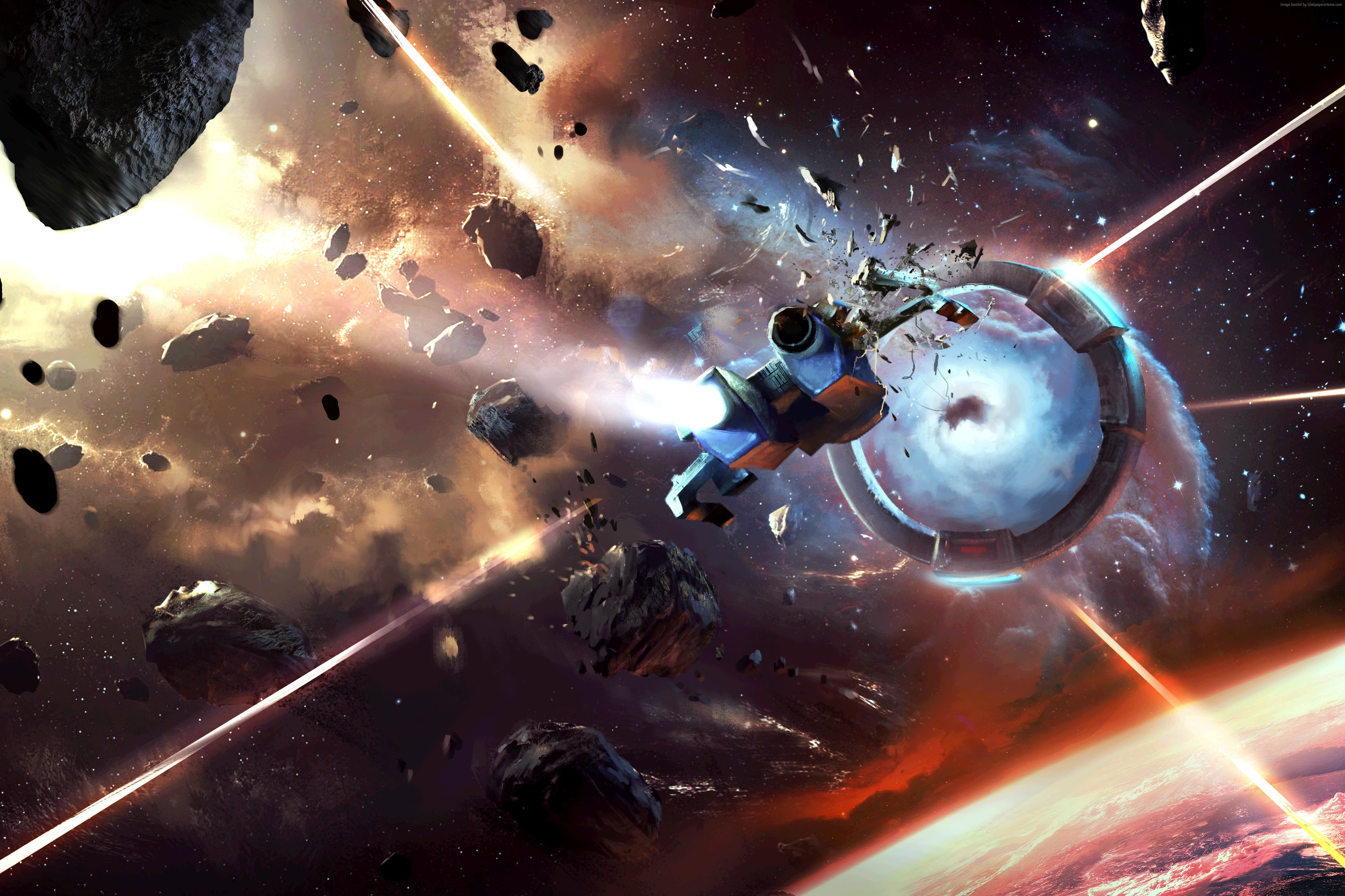 4K Space Battle with Spaceship and Asteroids HD Wallpaper