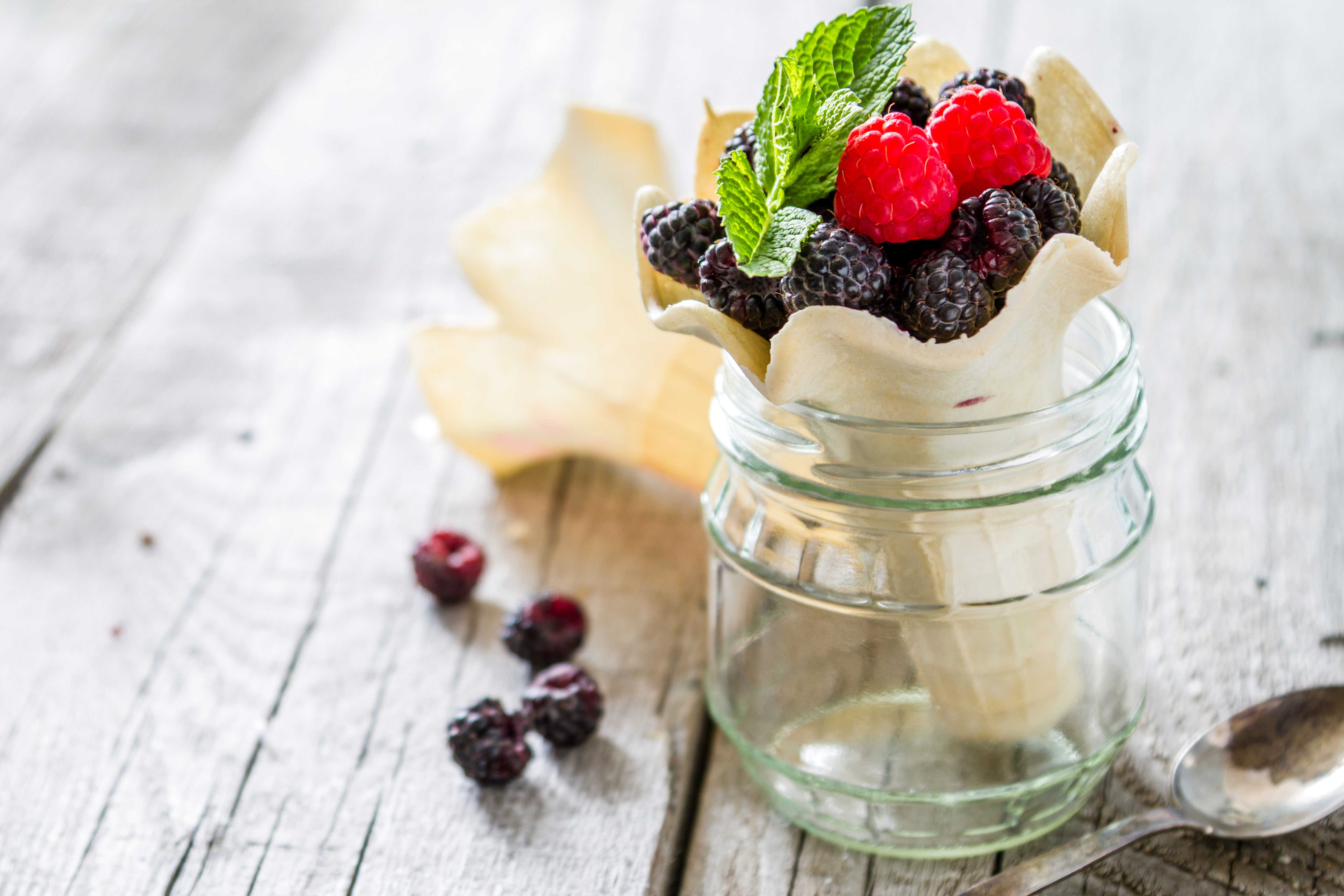 Raspberries and Blackberries in a Waffle Cone in a Jar HD Wallpaper