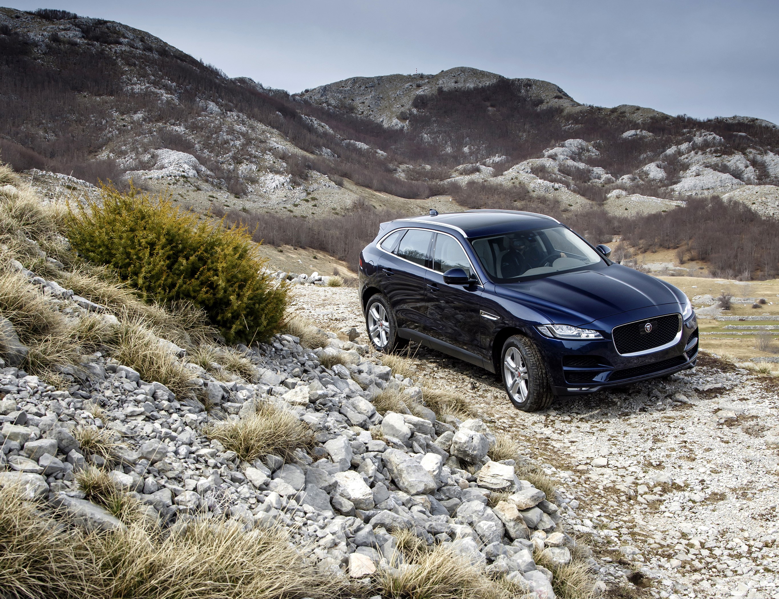 Blue Jaguar F-Pace Portfolio SUV on a Rocky Mountain Road HD Wallpaper