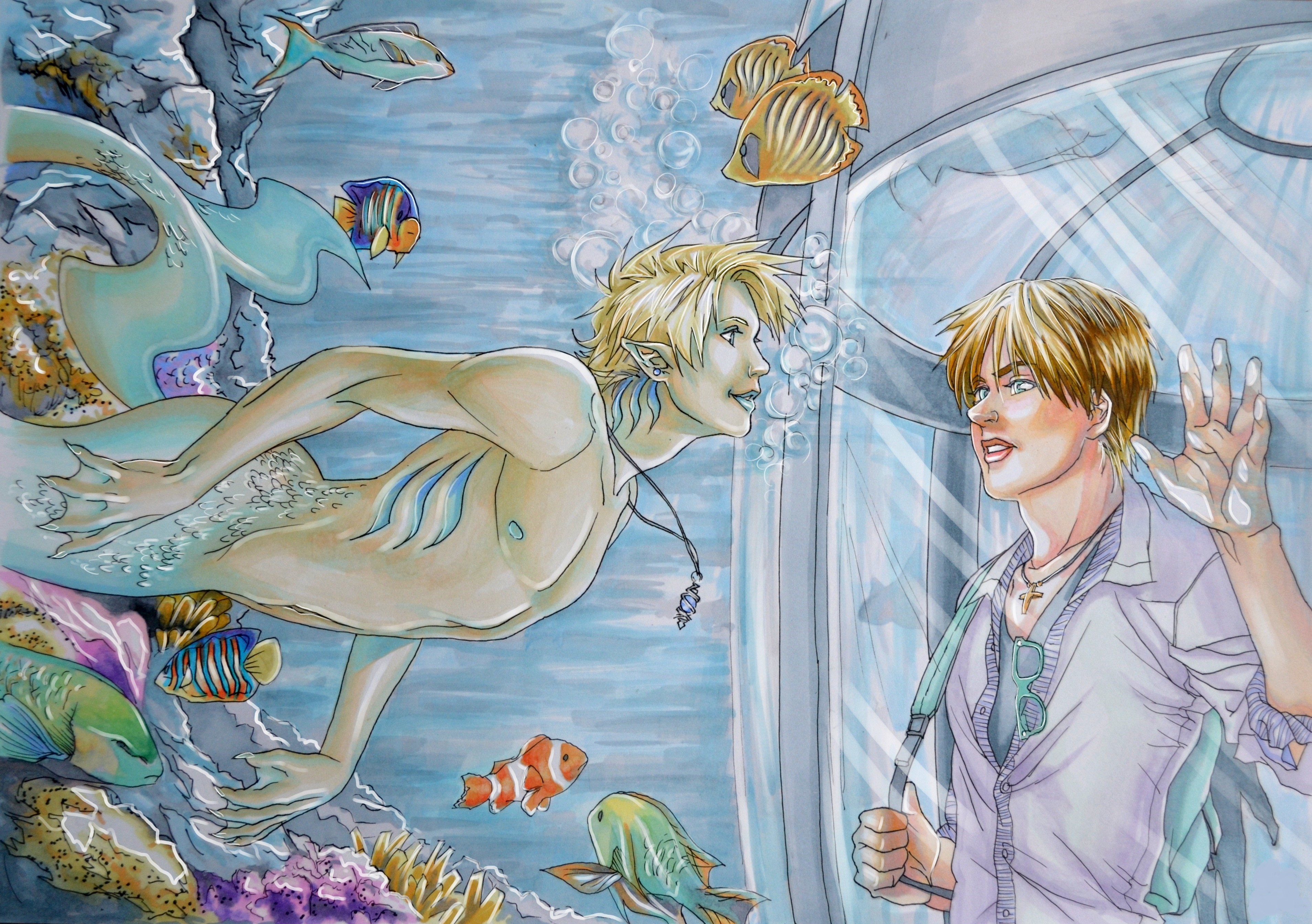 Mermaid and human interact through aquarium glass HD Wallpaper