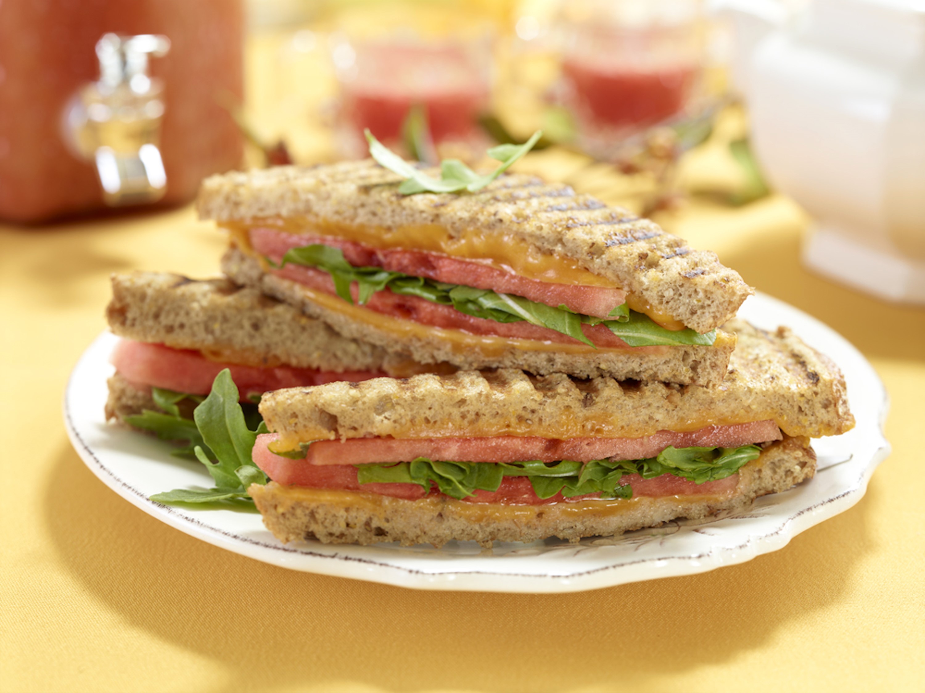 Grilled sandwich with watermelon, cheese, and arugula HD Wallpaper