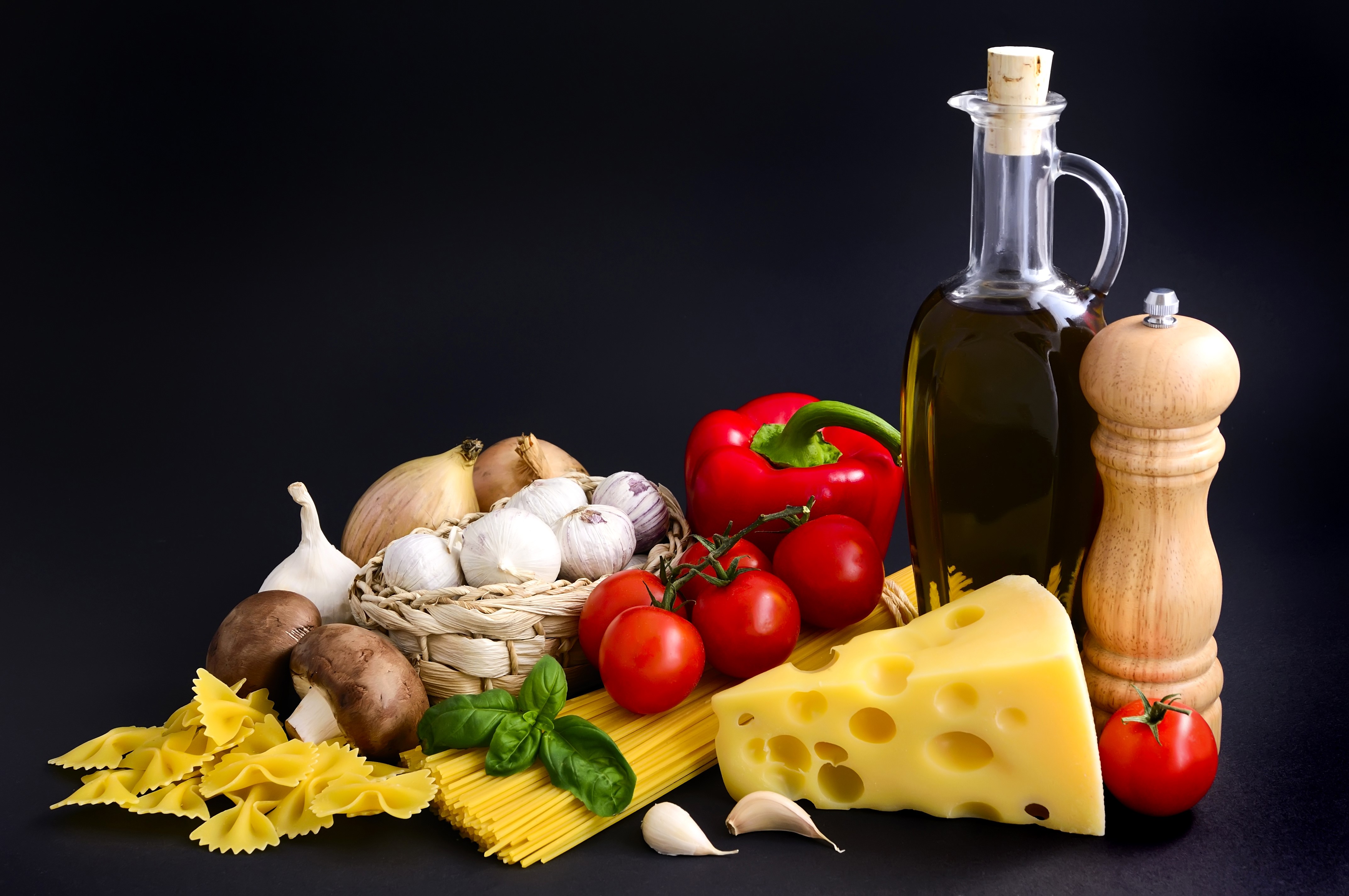 Still-life of Italian ingredients with pasta and cheese HD Wallpaper