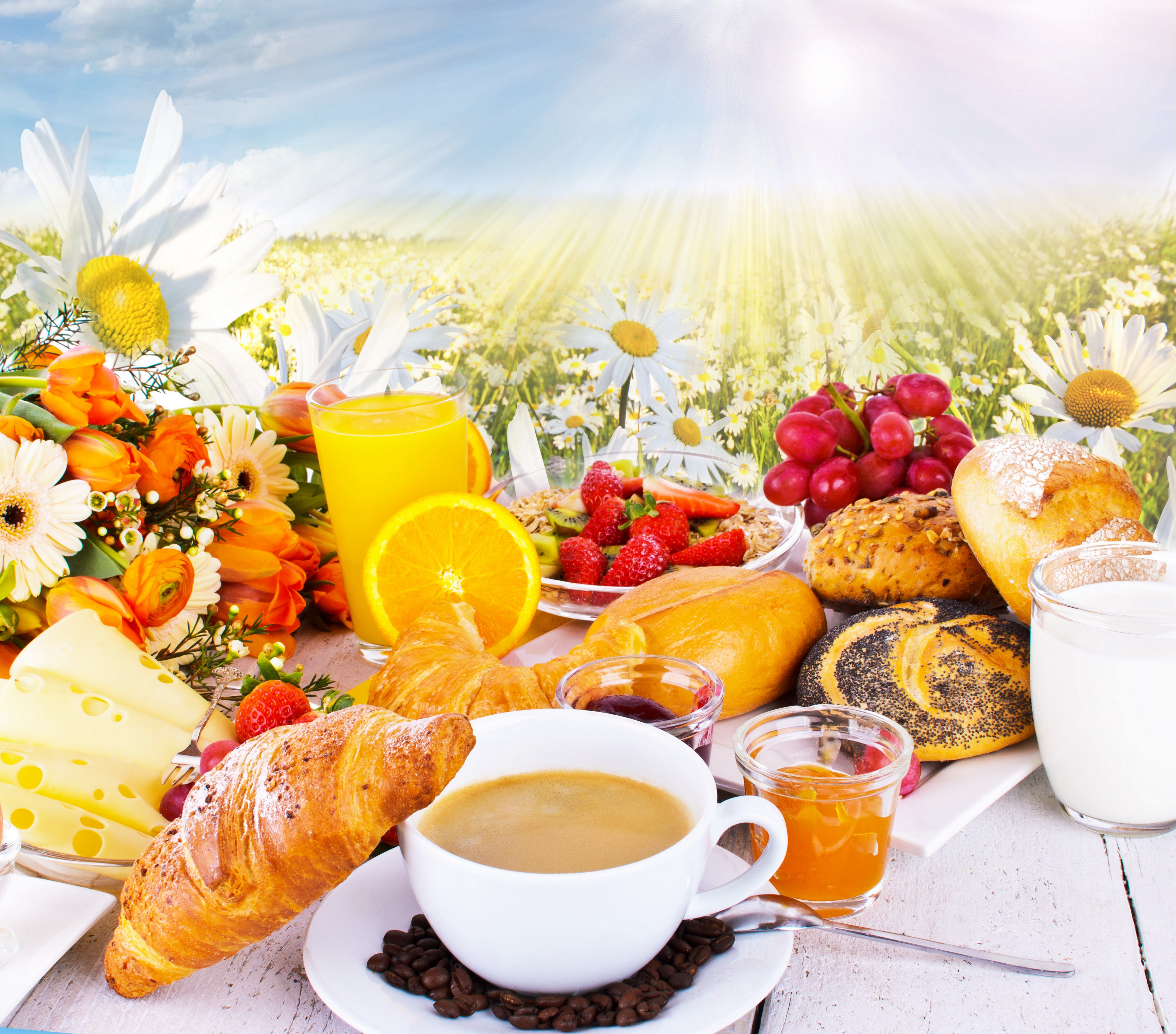 Breakfast with coffee, juice, fruits, and pastries HD Wallpaper