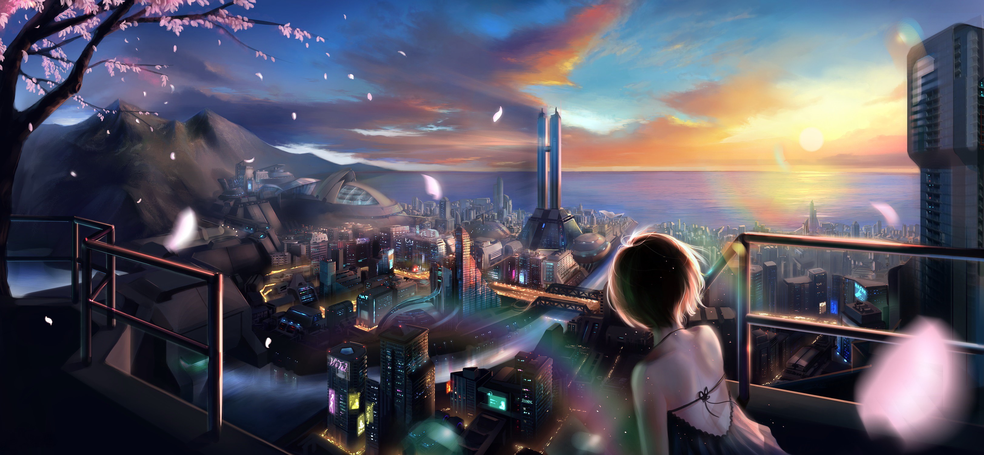 Girl overlooking a futuristic city at sunset HD Wallpaper