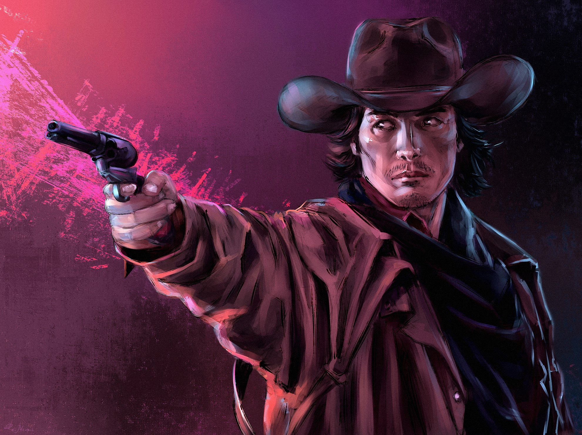 Man in cowboy hat holding a pistol HD Wallpaper