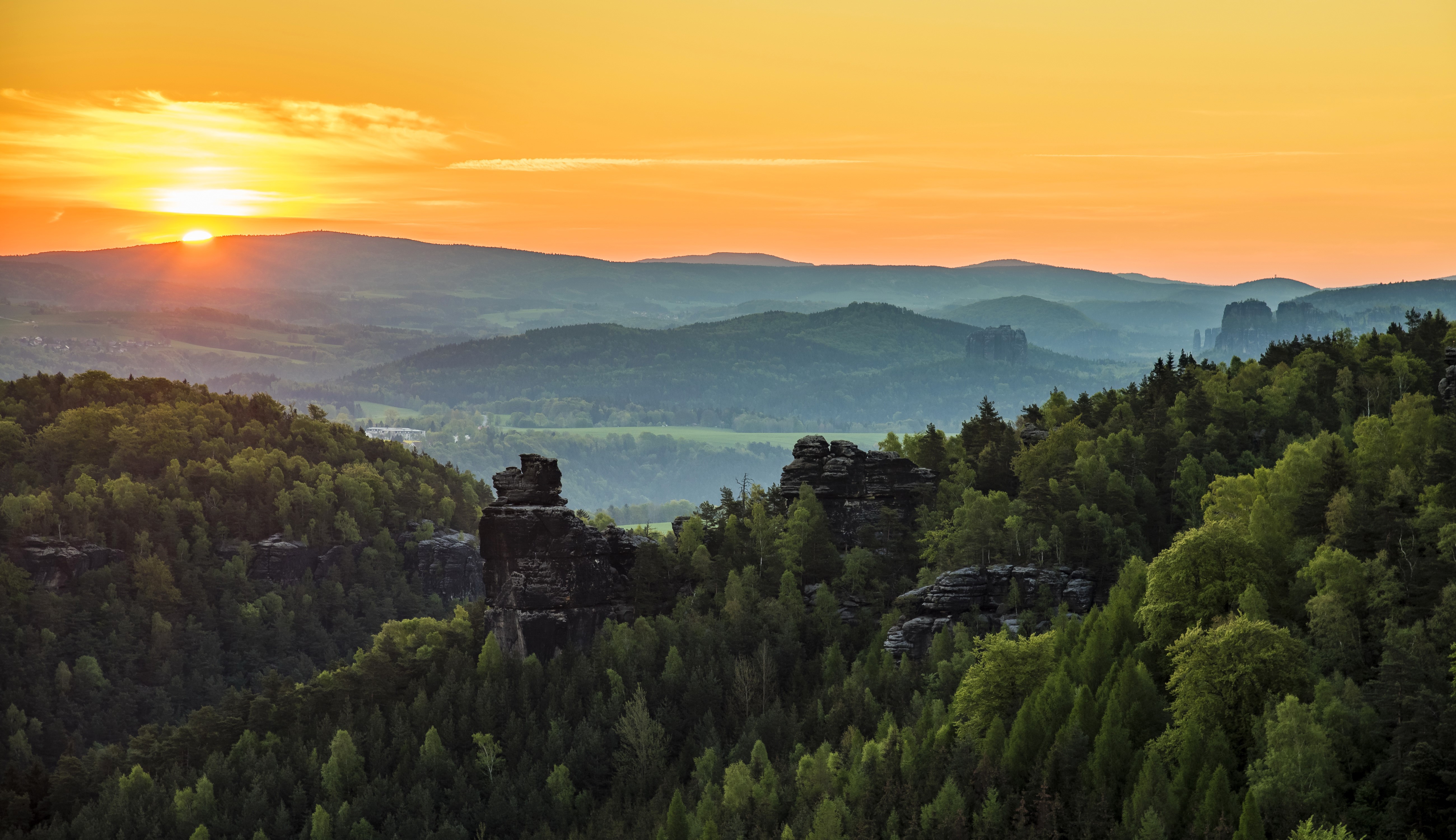 Sunrise over Gohrisch Mountains and Forests, Germany HD Wallpaper